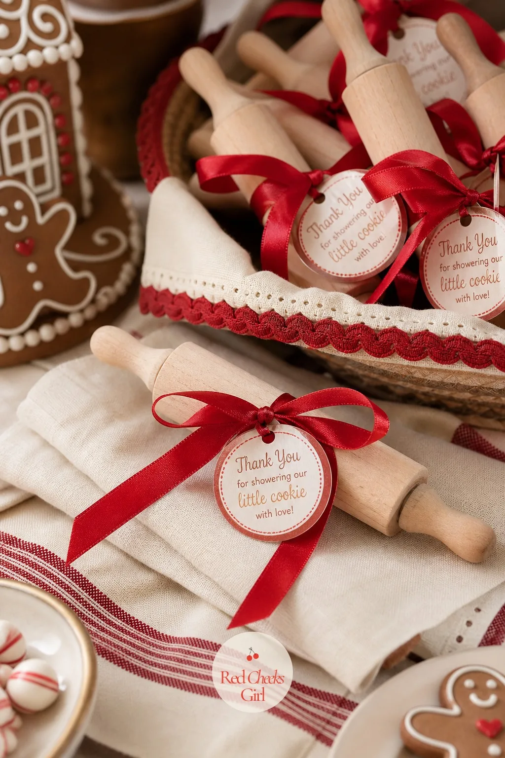 Mini Rolling Pin Favor — A small wooden rolling pin, sized for a child's play kitchen, ties with cherry red ribbon and a tag reading a short line about rolling