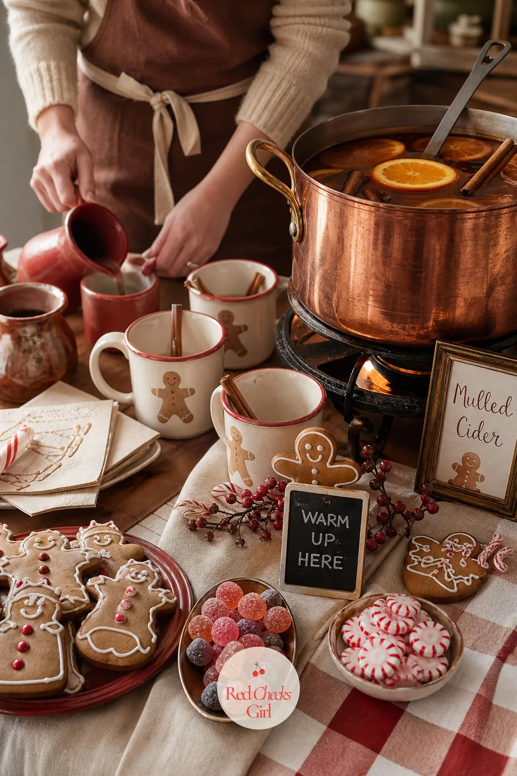 Mulled Cider Station — A deep copper or enamel pot kept warm on a hot plate holds mulled cider studded with cinnamon sticks, orange slices and star anise