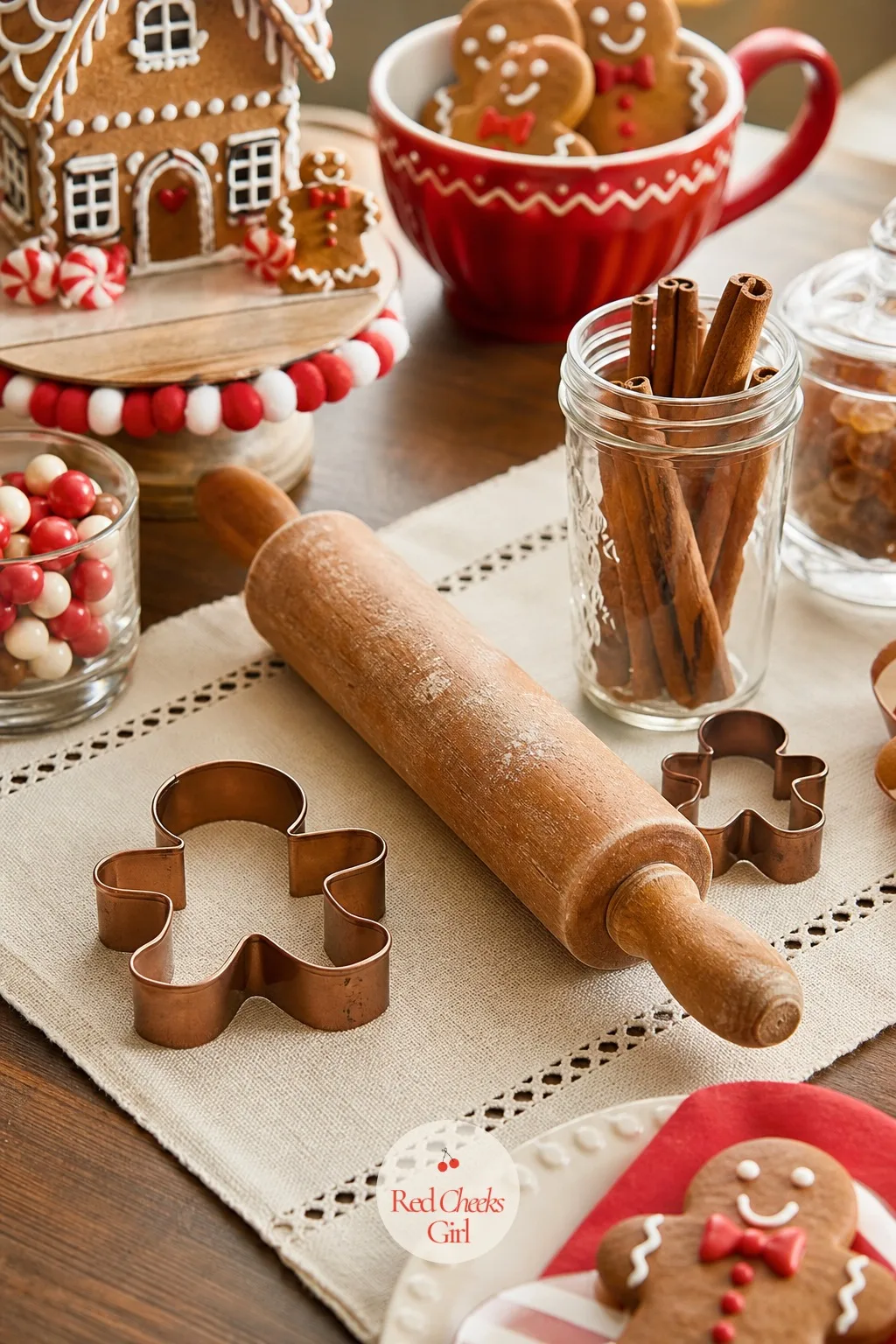 Rolling Pin and Cookie Cutter Centerpiece — A worn wooden rolling pin lies diagonally across a cream table runner, flanked by a scatter of gingerbread man
