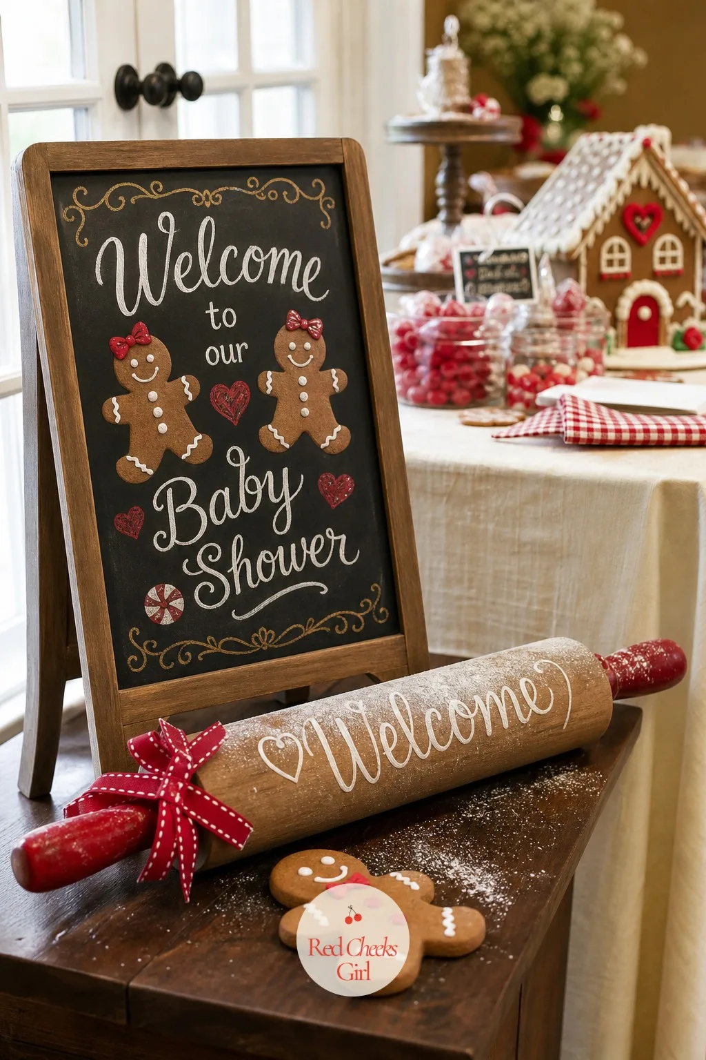 Rolling Pin Welcome Sign — A chalkboard easel sign leans beside a real rolling pin laid across the entry table, dusted lightly with powdered sugar for effect