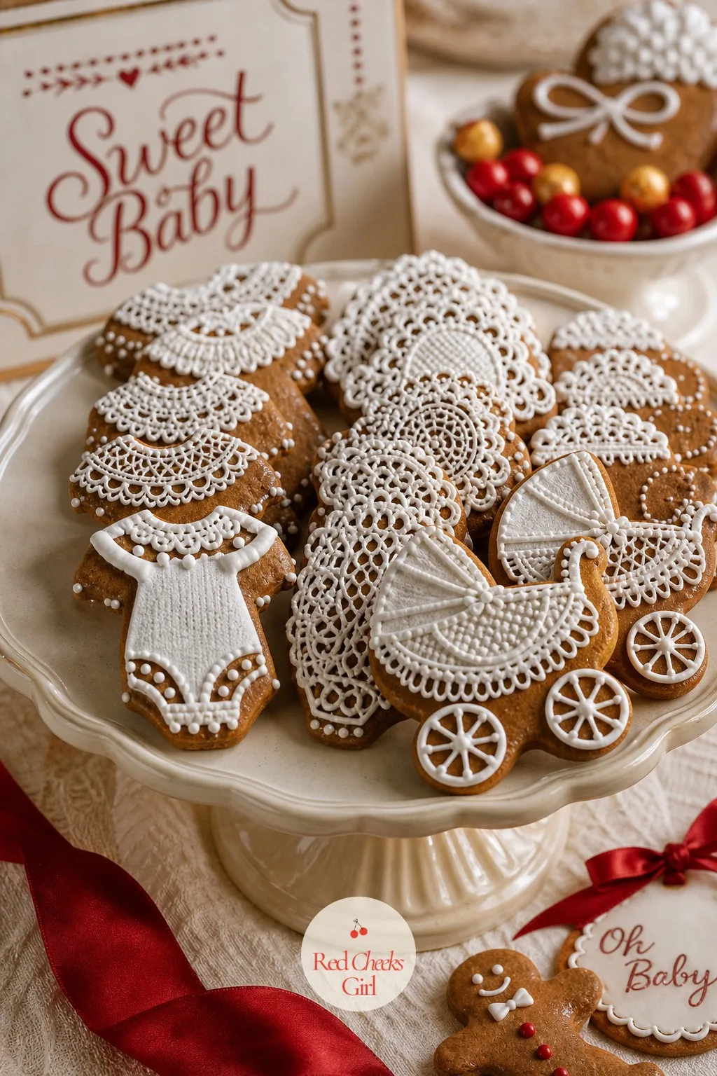 Royal Icing Lace Cookies Platter — A platter of gingerbread cookies piped with fine white royal icing lace sits arranged in slightly overlapping rows on a