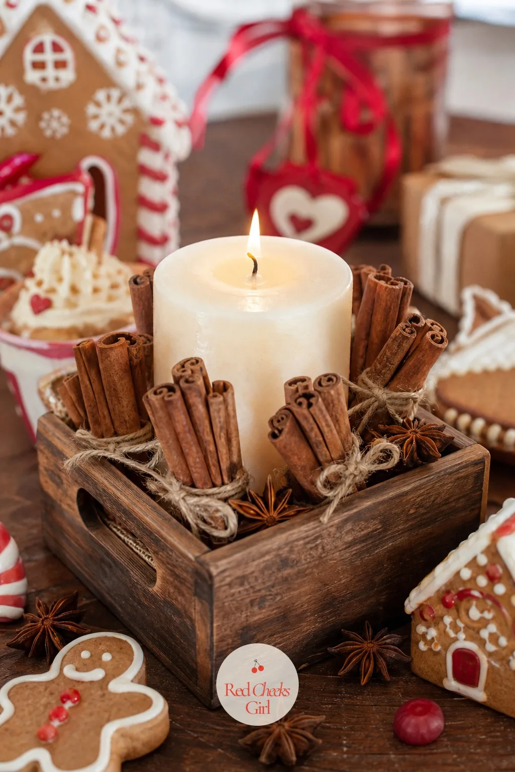 Spiced Candle and Cinnamon Centerpiece — A squat cream pillar candle stands inside a small wooden crate, surrounded by bundled cinnamon sticks tied with twine