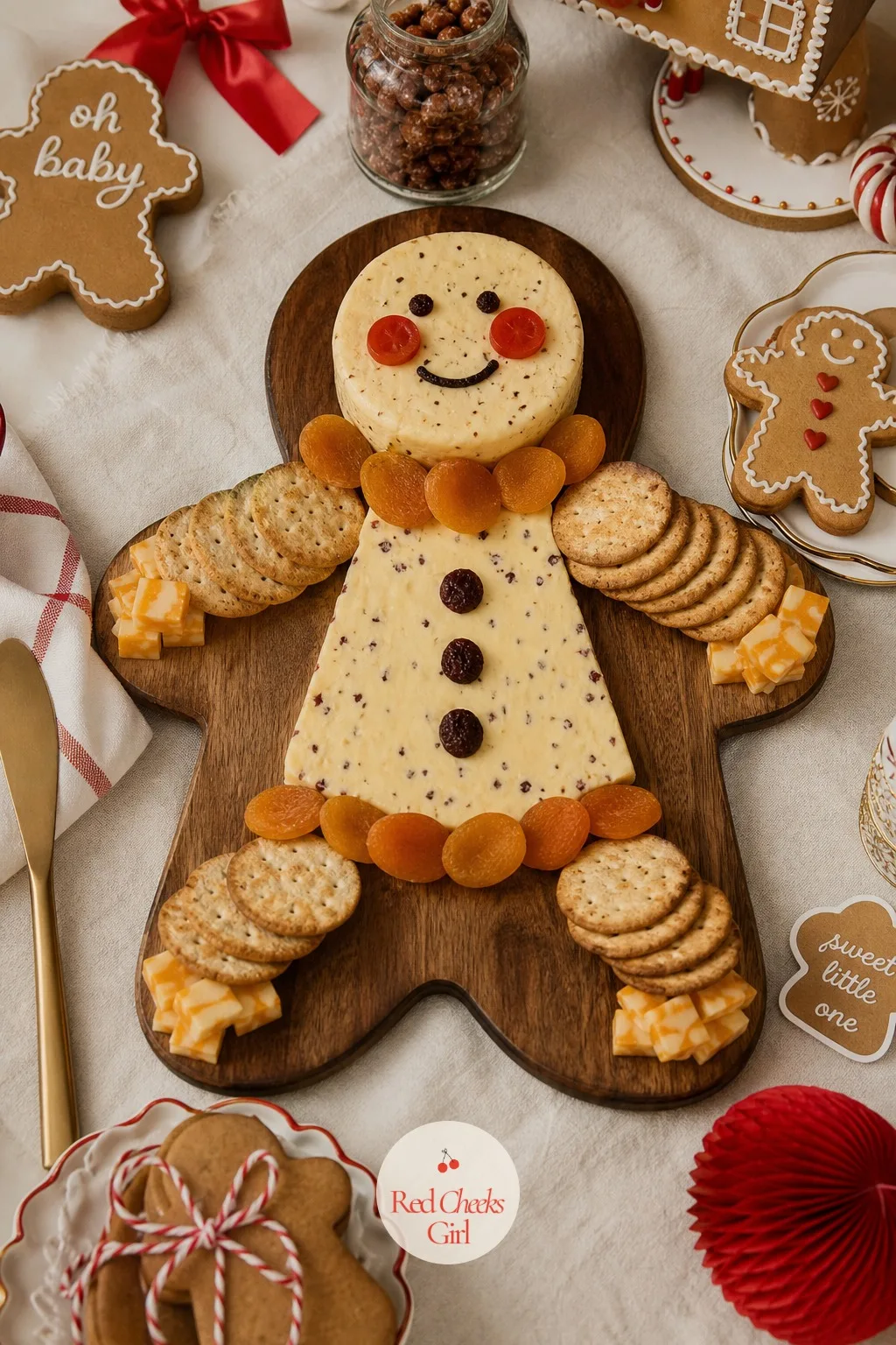 Spiced Cheese and Cracker Board — A cheese and cracker board arranges cheeses, dried apricots and crackers into a rough gingerbread man outline, a line of