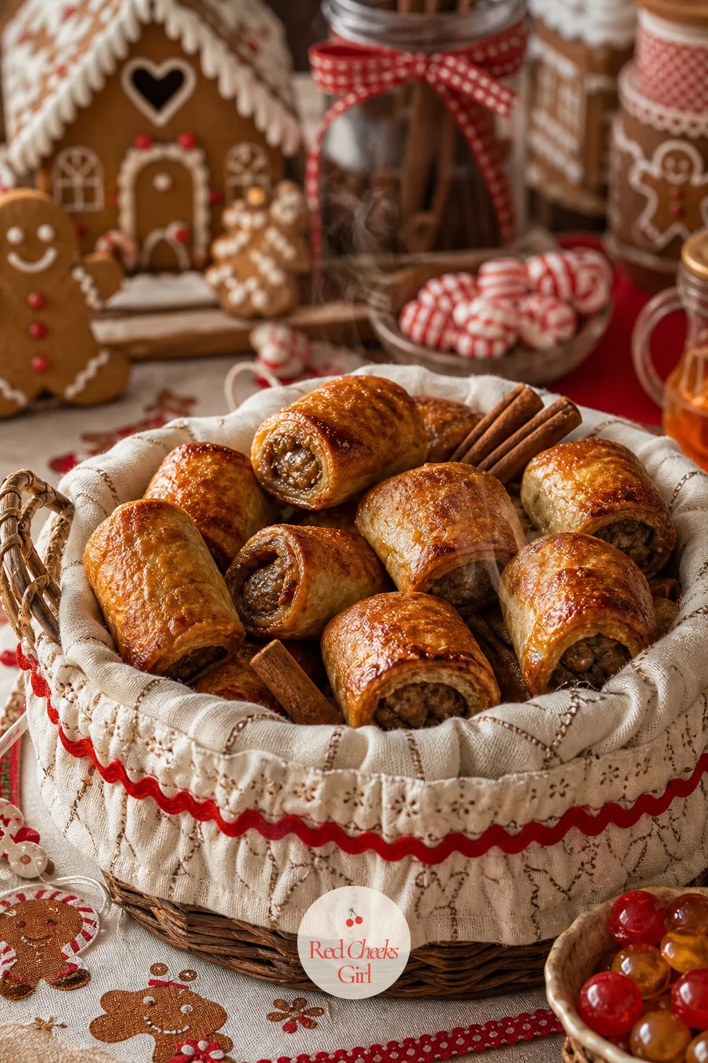 Spiced Sausage Rolls — Small sausage rolls brushed with a touch of molasses and a pinch of five spice before baking sit warm in a lined basket, a cinnamon