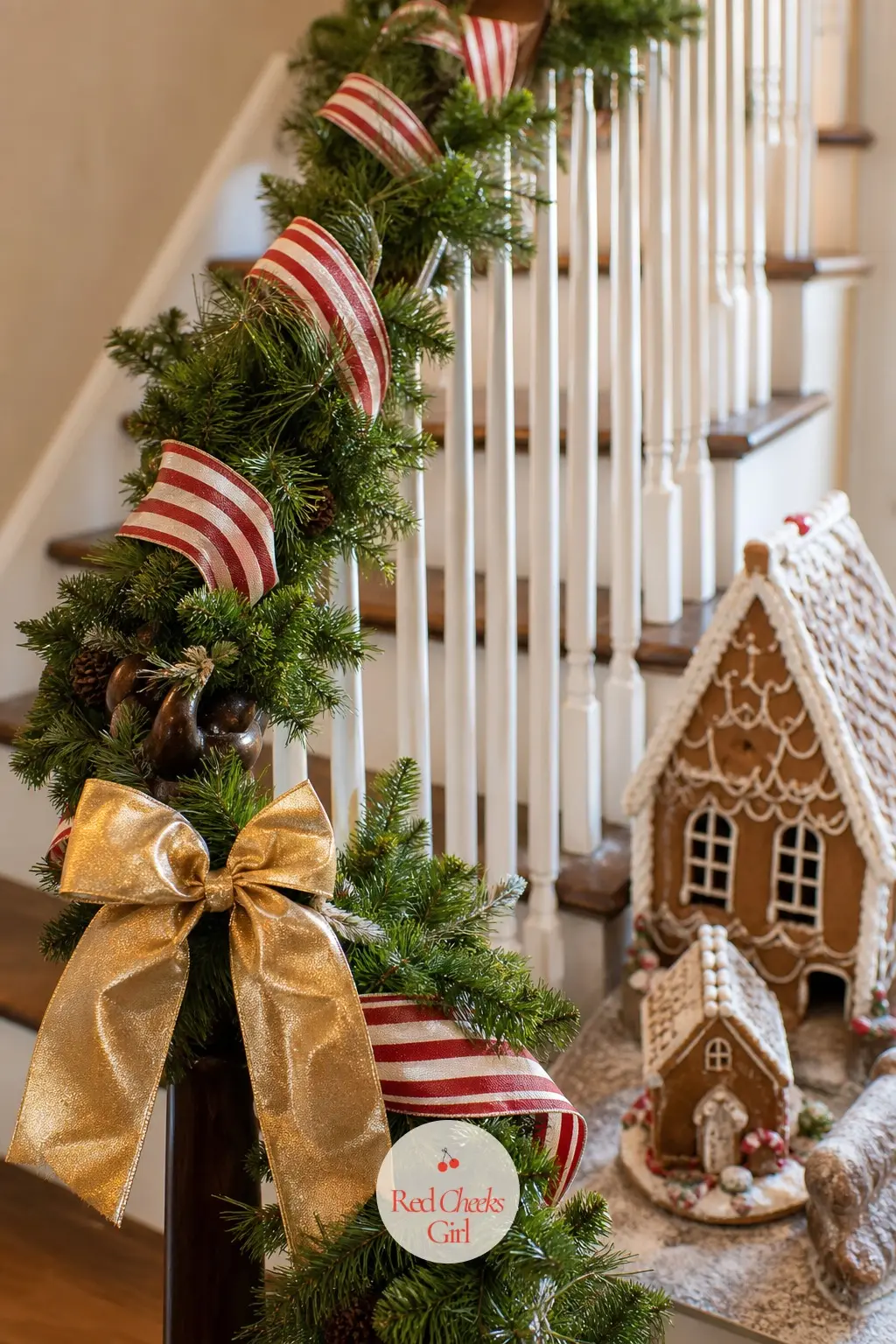 18 Feet of Candy Stripe Ribbon Up the Rail — Wind a plain evergreen rope up the banister and spiral candy stripe ribbon through it rather than letting it lie
