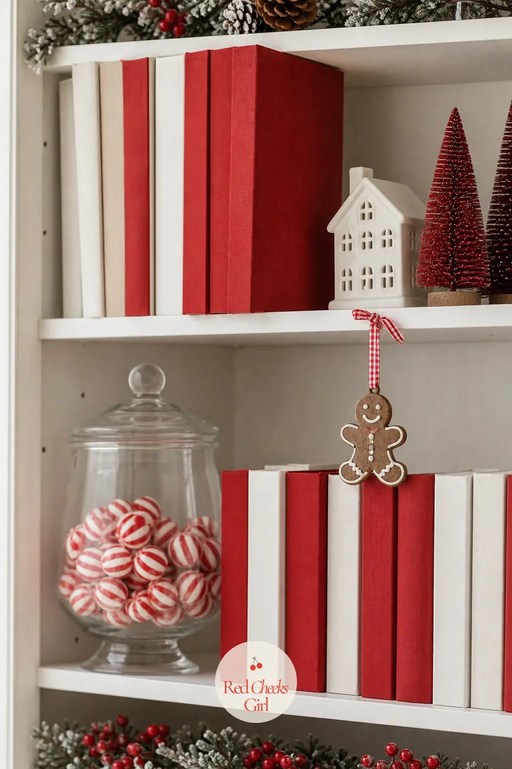 Bookshelves With Cookie Jars and Red Spines — Turn a few books spine-in so only candy red and icing white show, and set a glass cookie jar filled with striped
