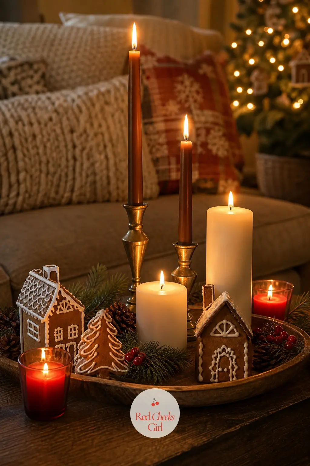 Candles Set at Three Heights for the Evening — Plan the evening's light around three candle heights: tall tapers in cinnamon brown on the table, squat pillars