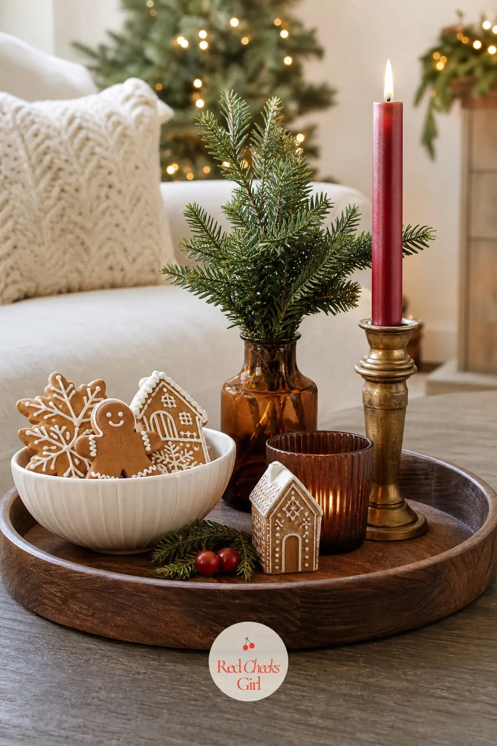 A Coffee Table Tray in Three Colours — Group a cinnamon brown tray, a white ceramic bowl of faux iced cookies, and one candy red taper on the coffee table, low