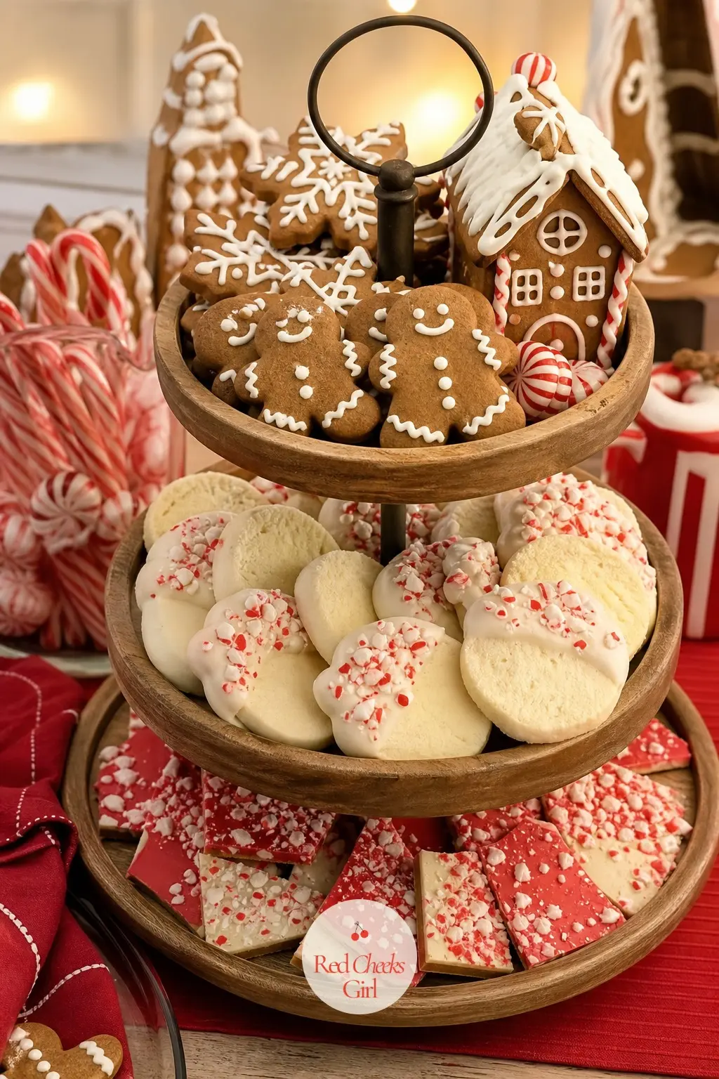 A Dessert Table in Cinnamon, Icing and Candy Red — Stack the sweets on a tiered stand so the cinnamon brown cookies, white-frosted shortbread and red