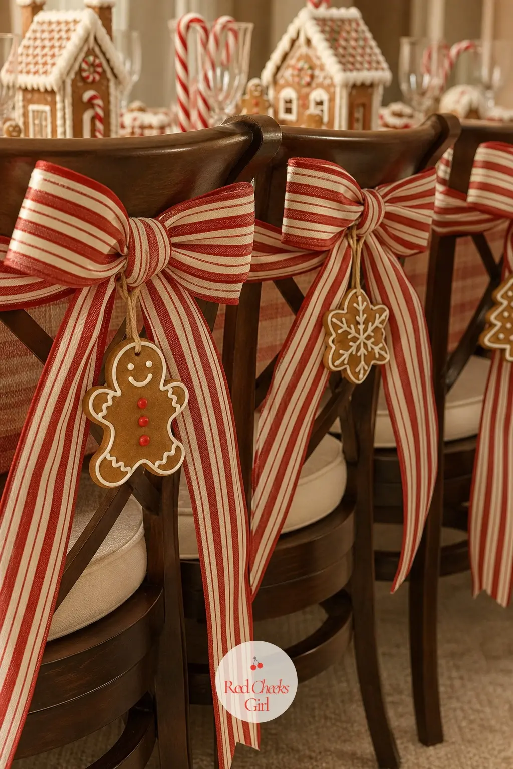 Dining Chairs With a Bow at Every Back — Tie a candy stripe bow to the back of each dining chair and hang one small iced cookie ornament from the centre of the
