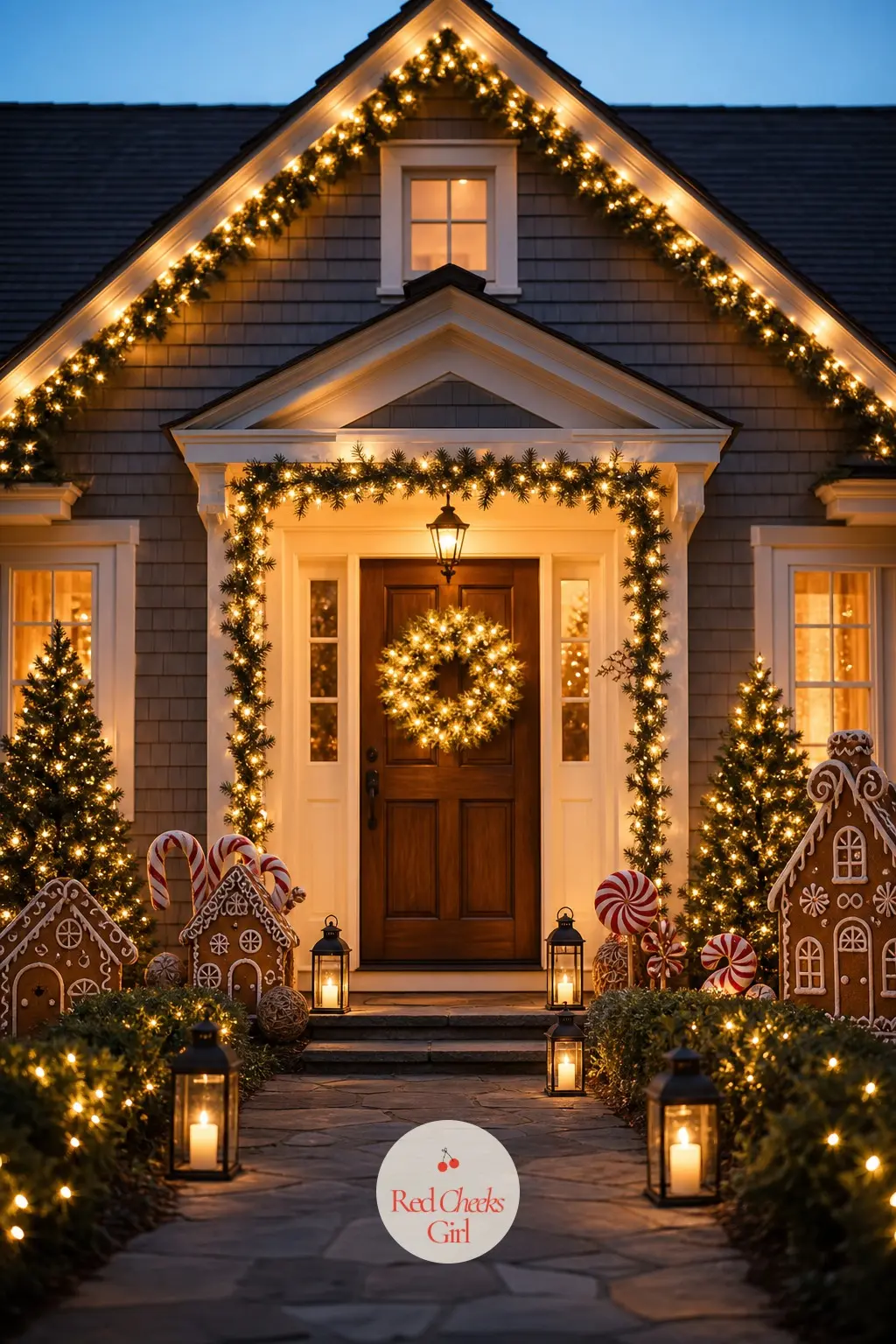 The Facade Lit Warm From the Street — Light the facade in warm white rather than cool, since cool white reads as winter and warm white reads as a lit bakery