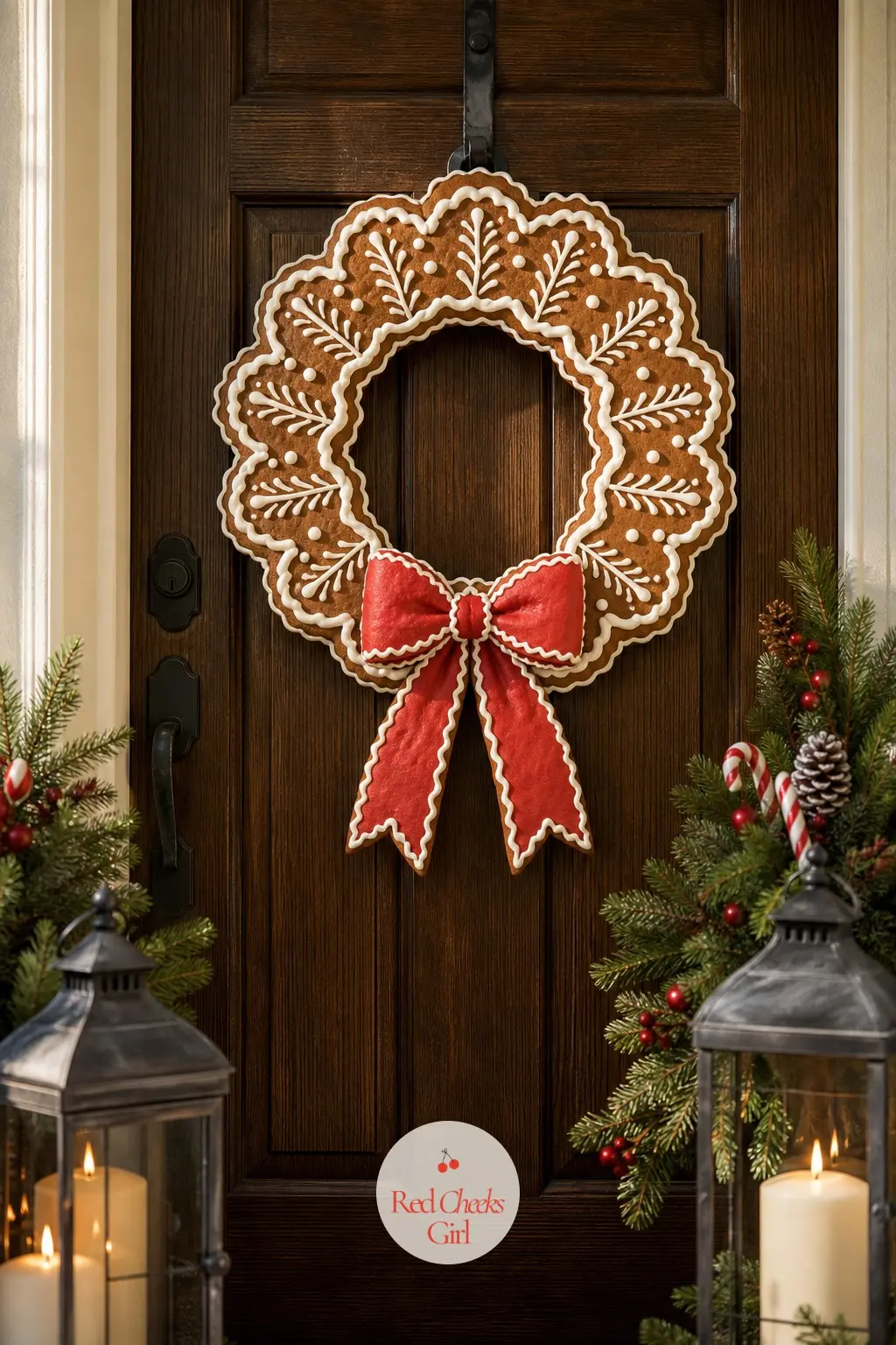 A Front Door Wreath Iced Like a Cookie — Hang a wreath base in cinnamon brown pine with a thick white piped-look trim worked through it and a candy red bow at