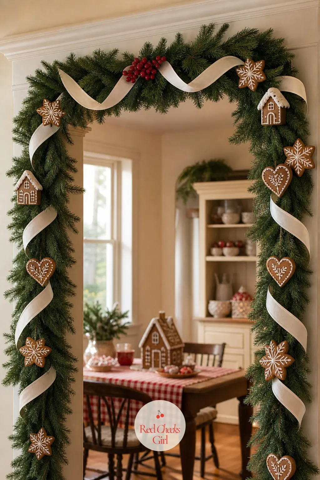 A Garland Over the Archway Between Rooms — Run a simple garland across the archway between the living and dining rooms, and work a length of white piped ribbon