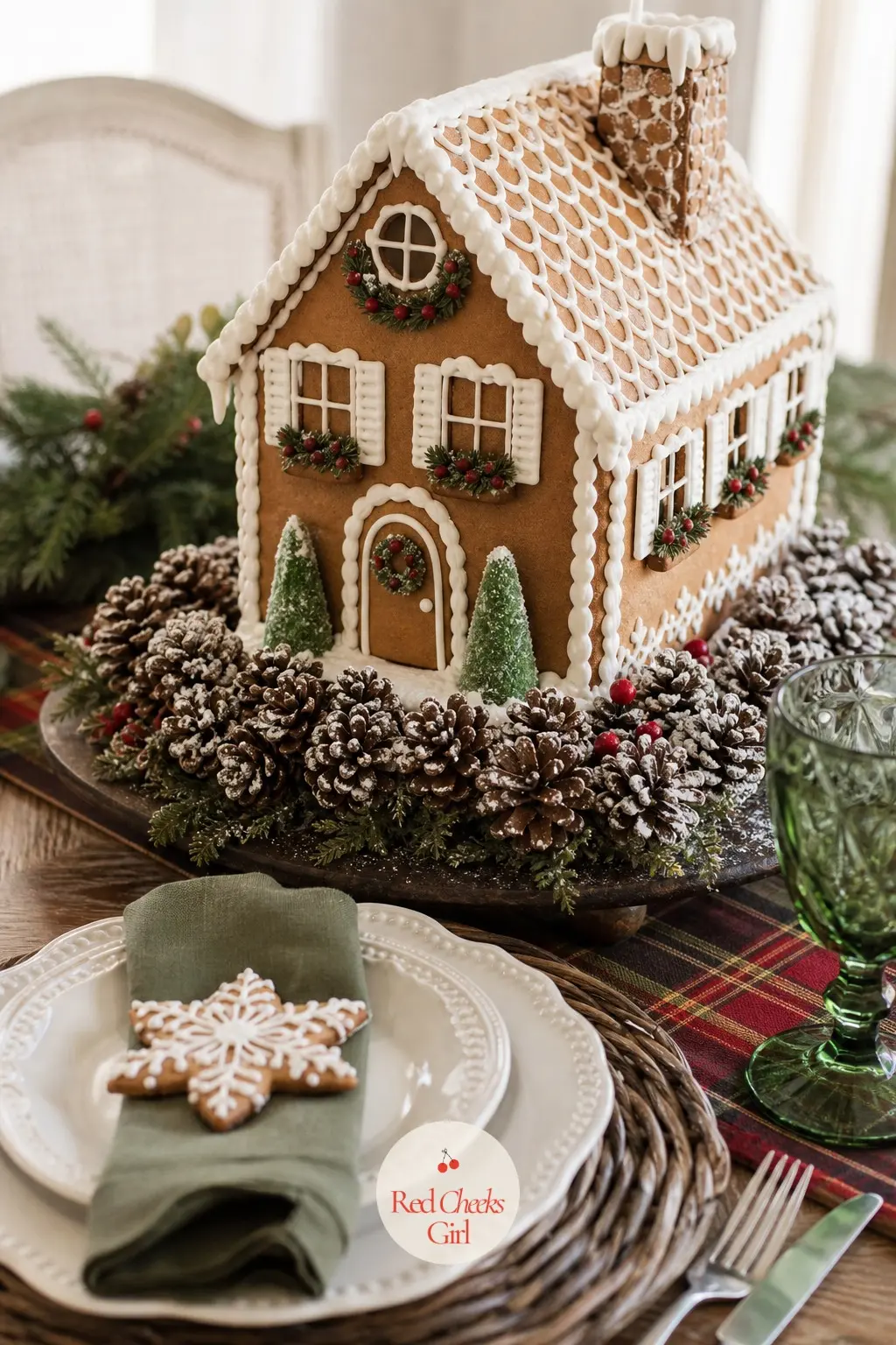 A Gingerbread House Centrepiece and One Dressed Place — Set a single iced gingerbread house, real or faux, at the centre of the table rather than a long