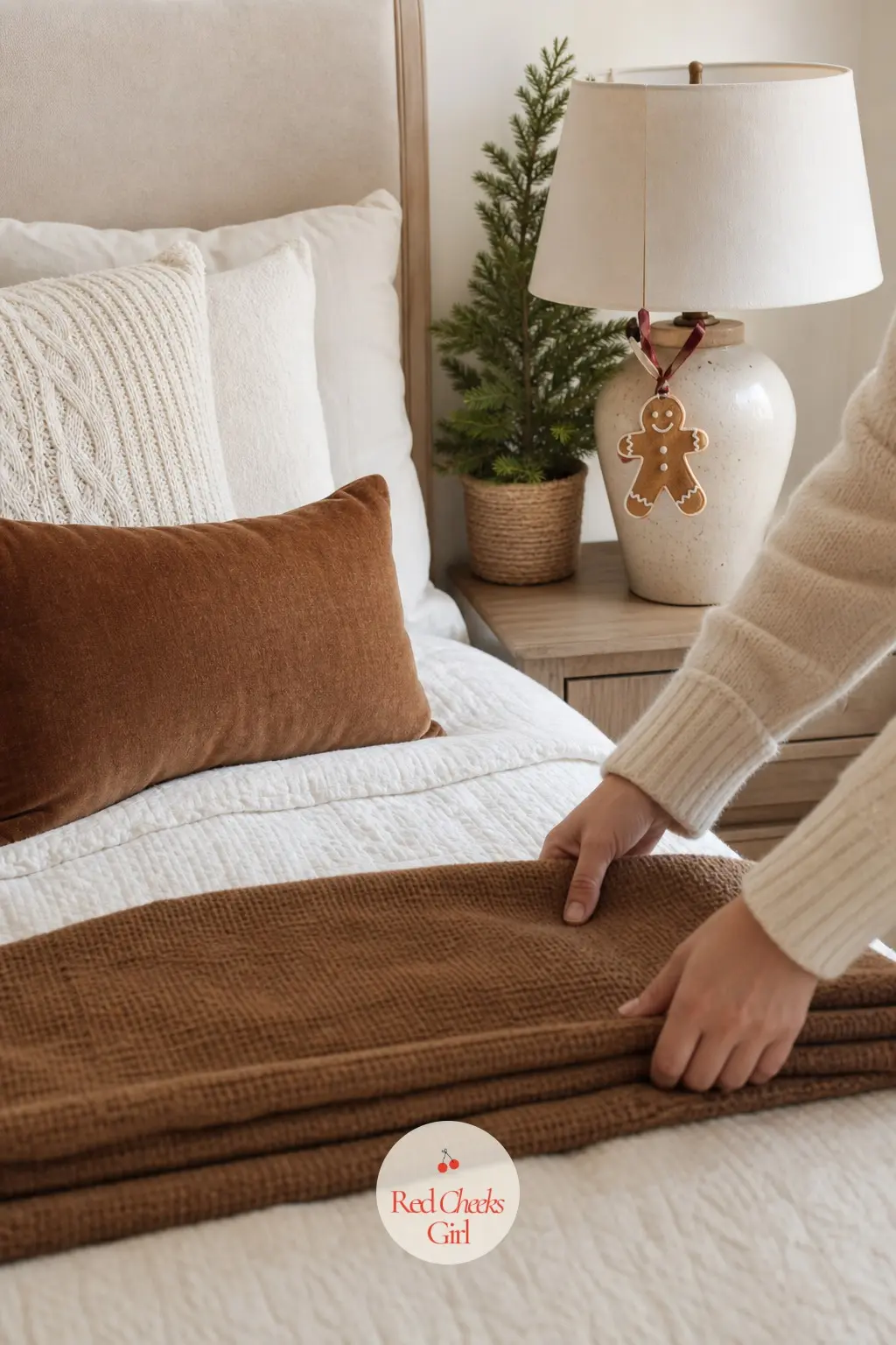 A Guest Bedroom With One Cookie-Scented Touch — Add a cinnamon brown throw folded at the foot of the bed, one small iced cookie ornament hung from the lamp