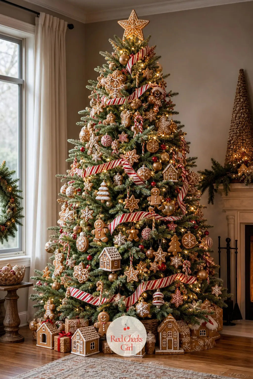 An Iced Gingerbread Tree With Candy Stripe and Gold — Dress the tree in iced cookie shapes, a white beaded garland strung like piped icing, and candy stripe