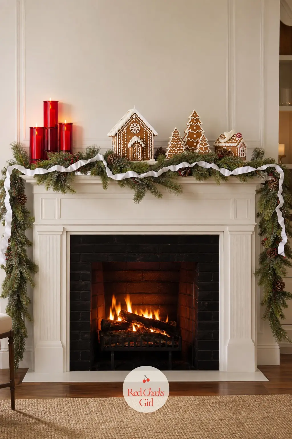 A Mantel Dressed Like a Row of Fresh Icing — Run a simple garland along the mantel shelf and pipe it, visually, with a thin white ribbon tucked through the