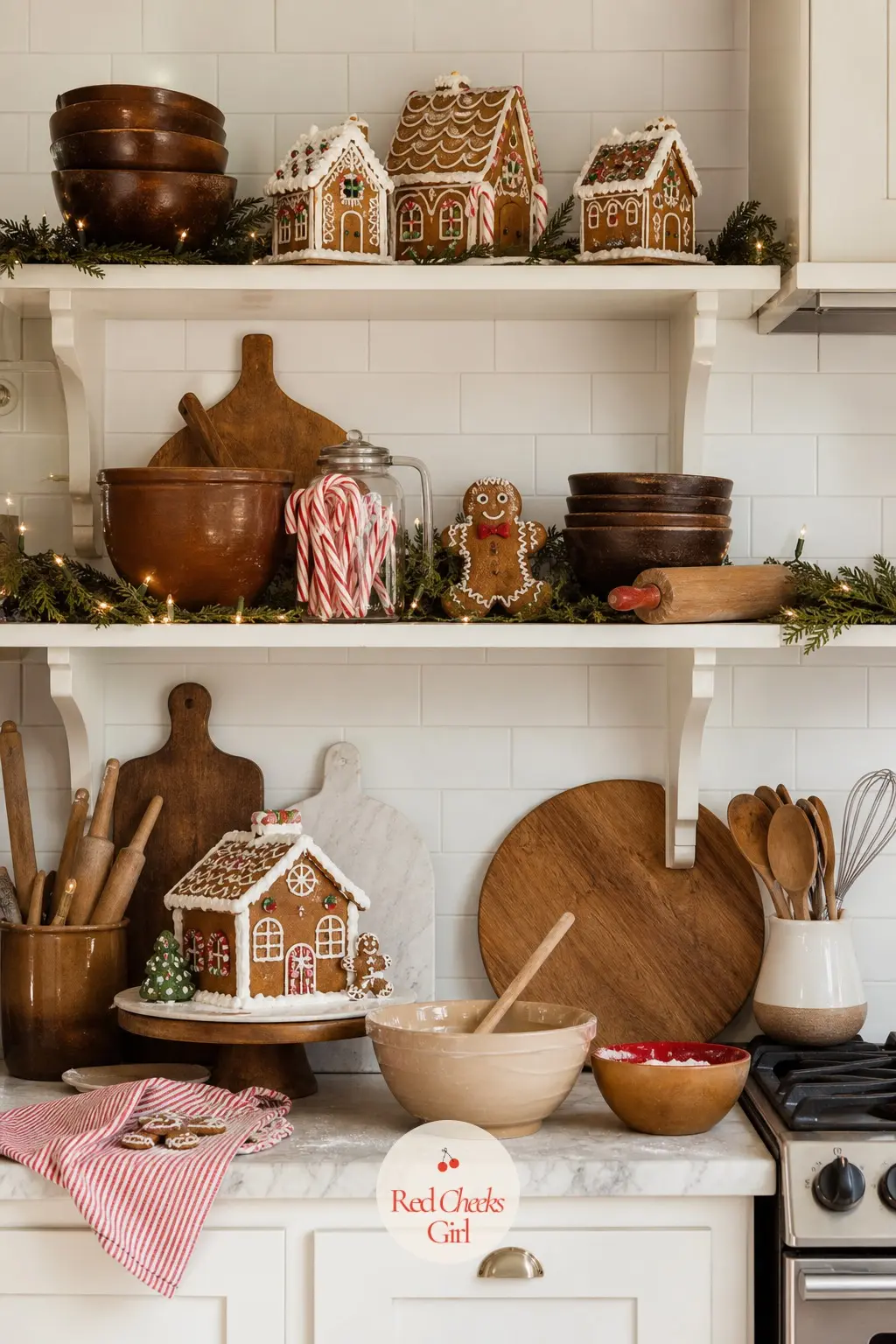 Open Shelves Styled Like a Working Bakery — Leave a stack of cinnamon brown mixing bowls out on the open shelf, lean a wooden gingerbread cutting board against