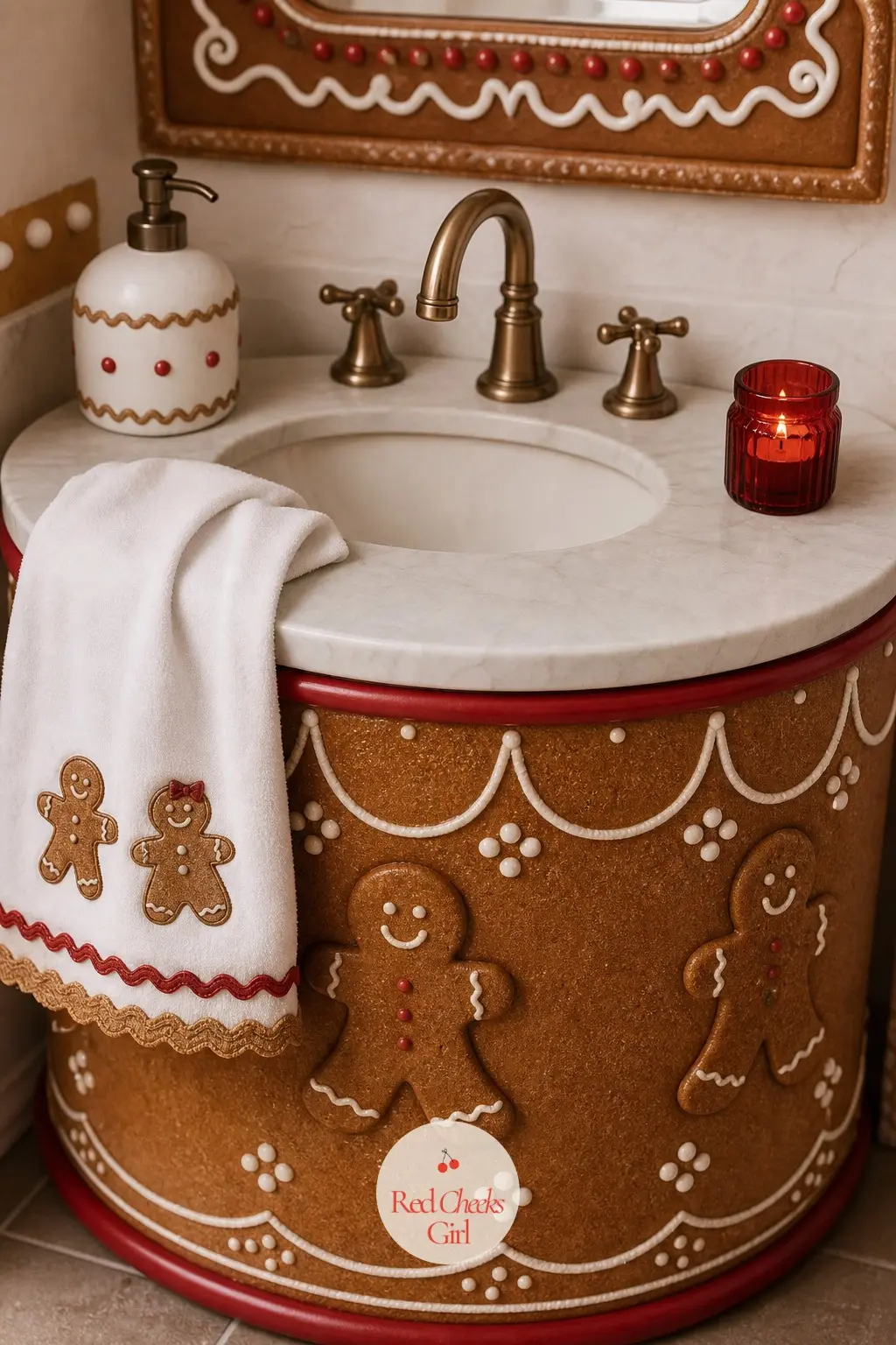 A Powder Room Styled Like a Cookie Tin — Swap the hand towel for one edged in white piped trim, set a gingerbread-scented soap by the sink, and light a single