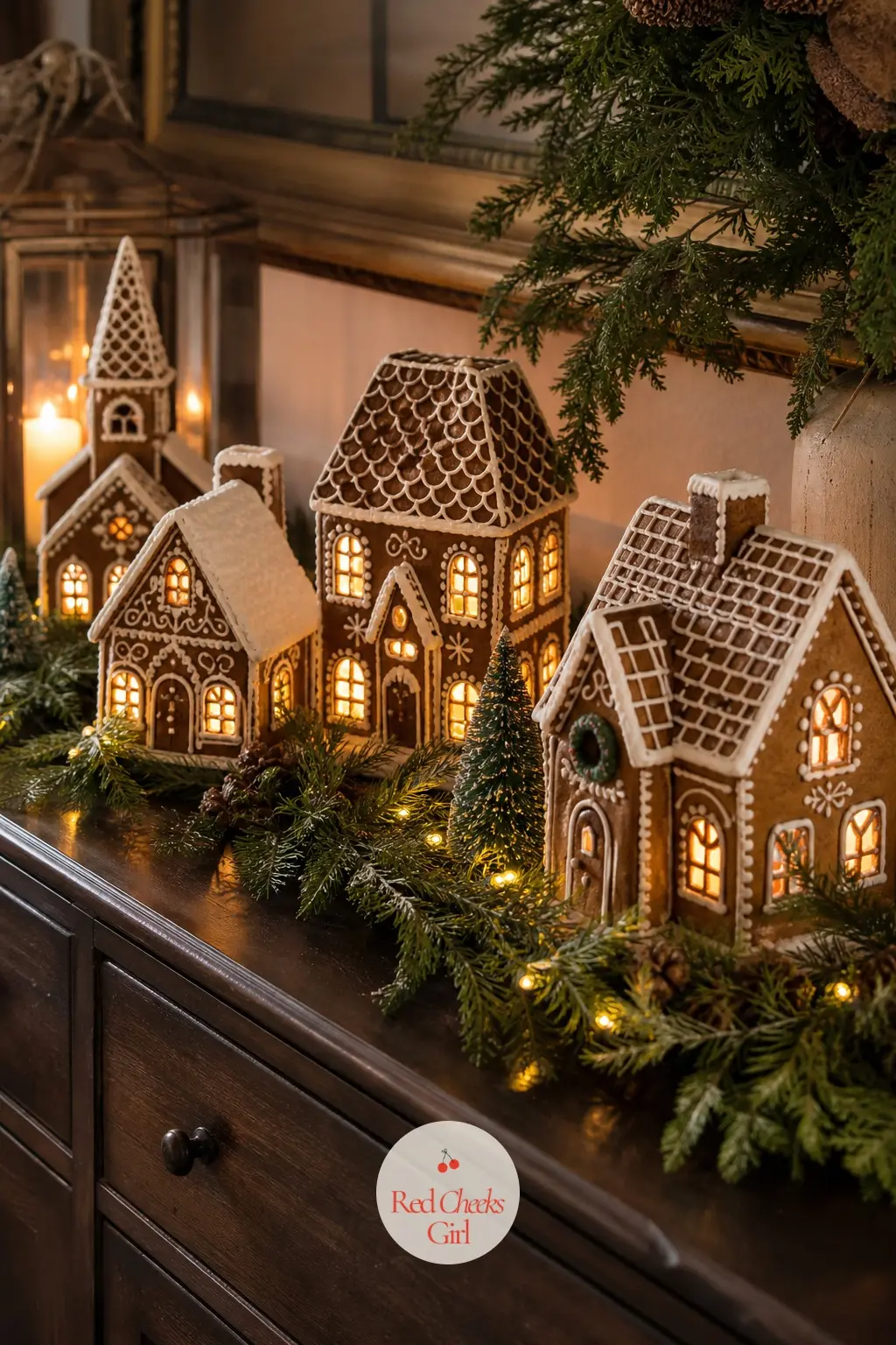 A Sideboard Vignette With a Gingerbread Village — Line a small gingerbread village along the sideboard, lit from inside with tiny warm bulbs, and tuck a few