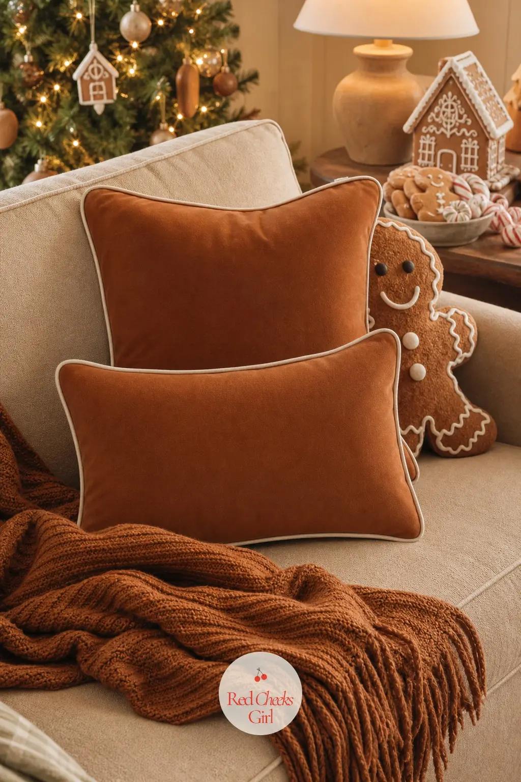 A Sofa Layer in Piped Trim and Cinnamon — The sofa nearest the tree gets two or three pillows with a piped white trim pattern, a cinnamon brown throw folded