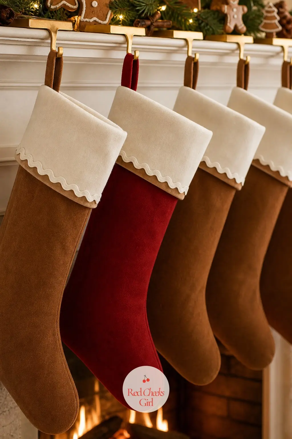 Stockings With a Piped White Cuff — Hang the stockings in cinnamon brown fabric with a thick white cuff that reads like icing, and let one in candy red break