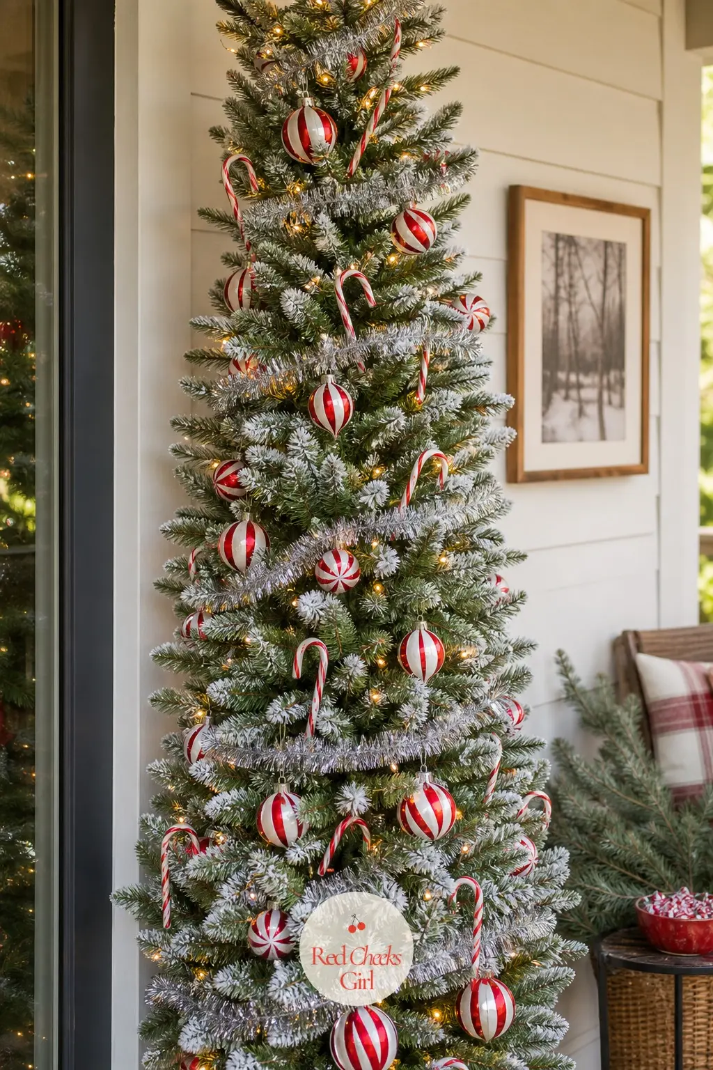 The Candy Cane Column — A pre-lit artificial tree running floor to ceiling, built entirely around striped glass peppermint balls and real candy cane picks