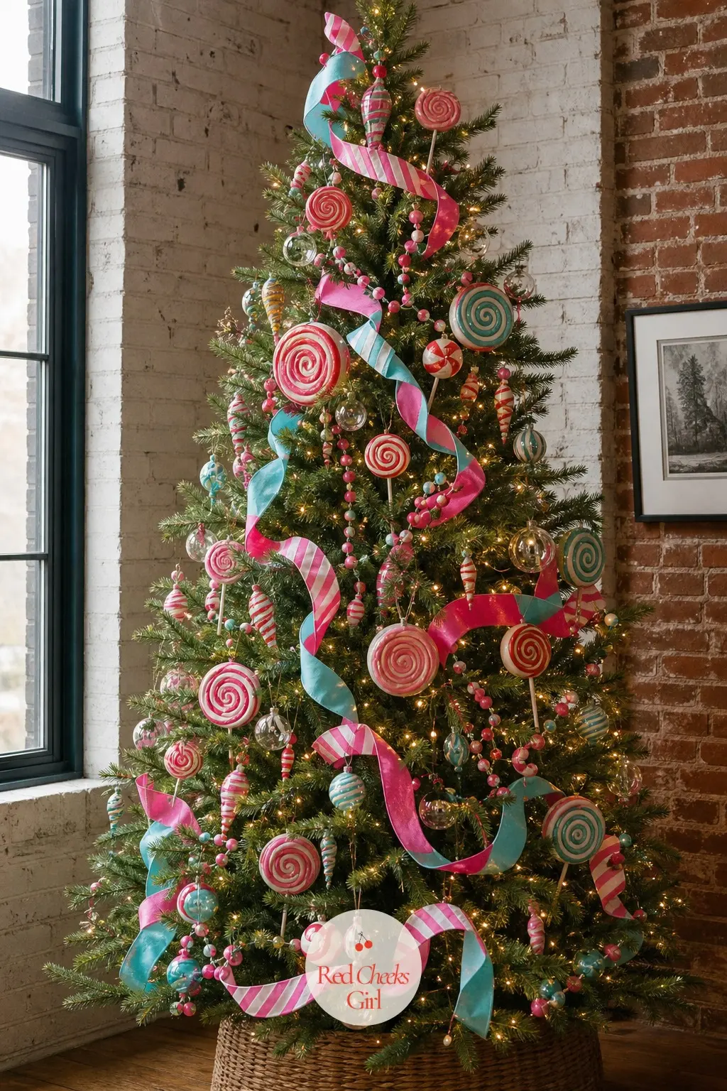 The Candy Shop Floor to Ceiling — A real Douglas fir, running floor to ceiling, carrying oversized glass candy swirl lollipops the size of a fist. Gingerbread