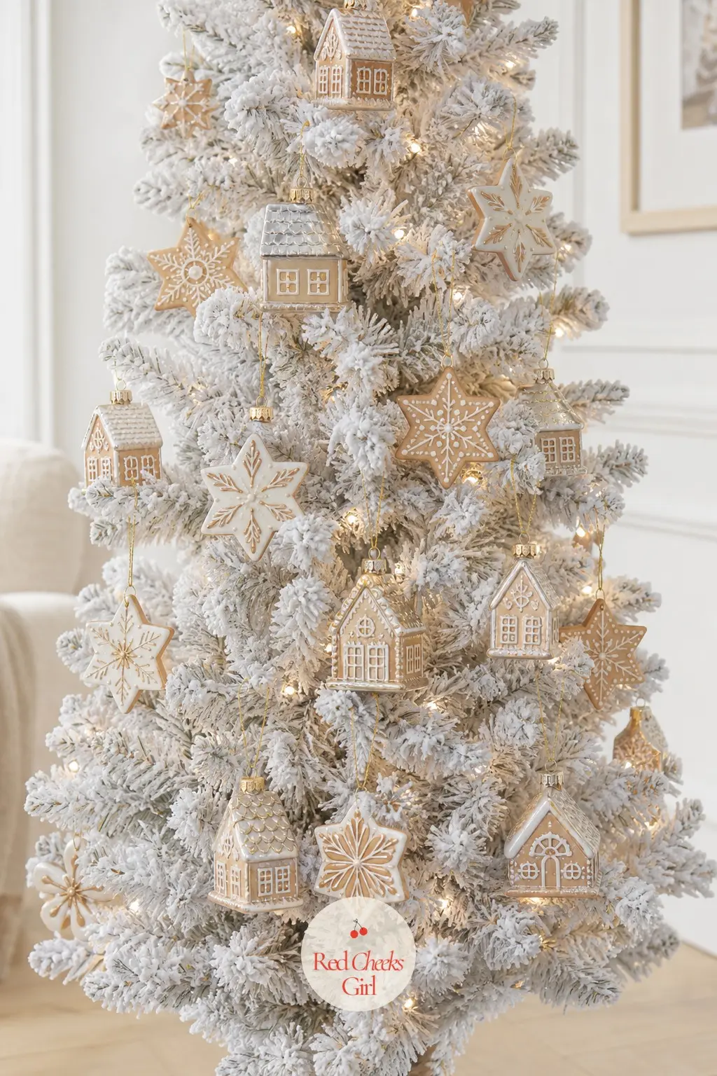 The Flocked Bakery Case — A heavily flocked white artificial pencil tree stands in for the frosted branch a real fir cannot quite give you. Gingerbread