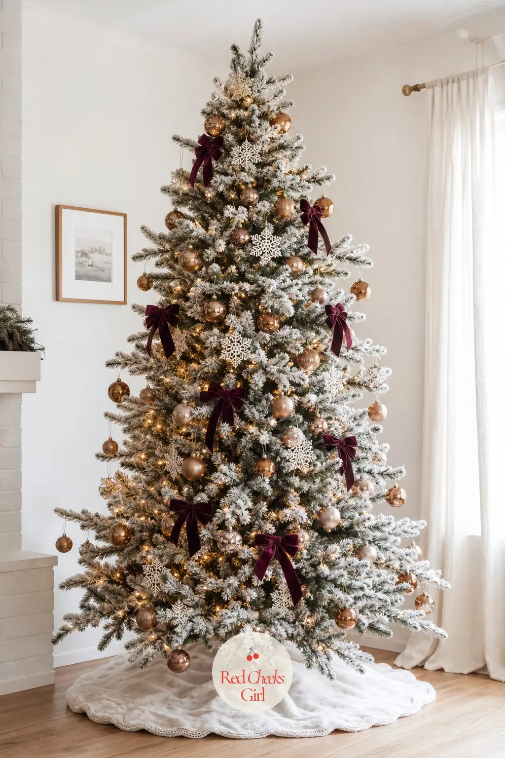 The Full and Wide Tree in Burnt Sugar — An artificial full and wide tree with flocked tips, carrying caramelized sugar-glass balls and cream paper snowflakes