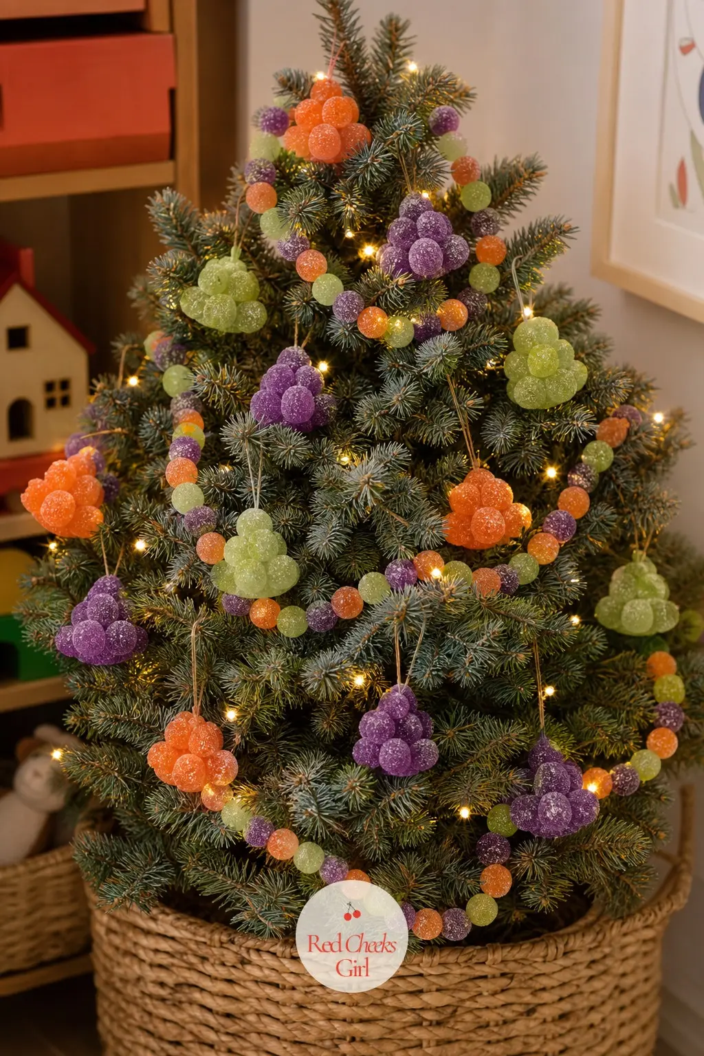 The Gumdrop Garden on a Dwarf Spruce — A real dwarf blue spruce, small and potted, dense with resin gumdrop clusters in grape, lime and tangerine. Gingerbread
