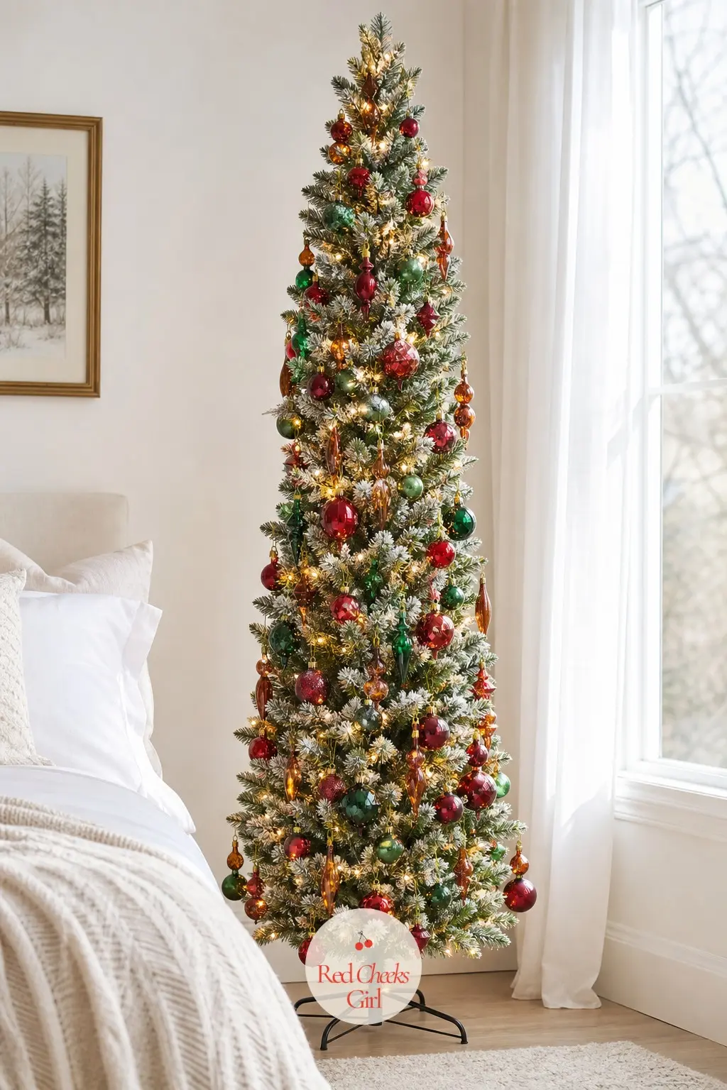 The Jewel Toffee Pencil Tree — An artificial slim pencil tree carrying faceted jewel-tone glass balls in amber, ruby and emerald, more cocktail hour than