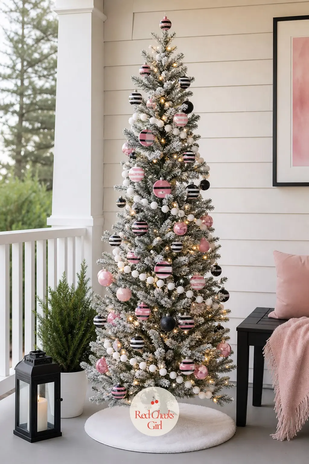 The Licorice Allsort Accent Tree — An artificial tree left sparse and airy on purpose, its branches thinned like bare twig stems, dressed in striped black and