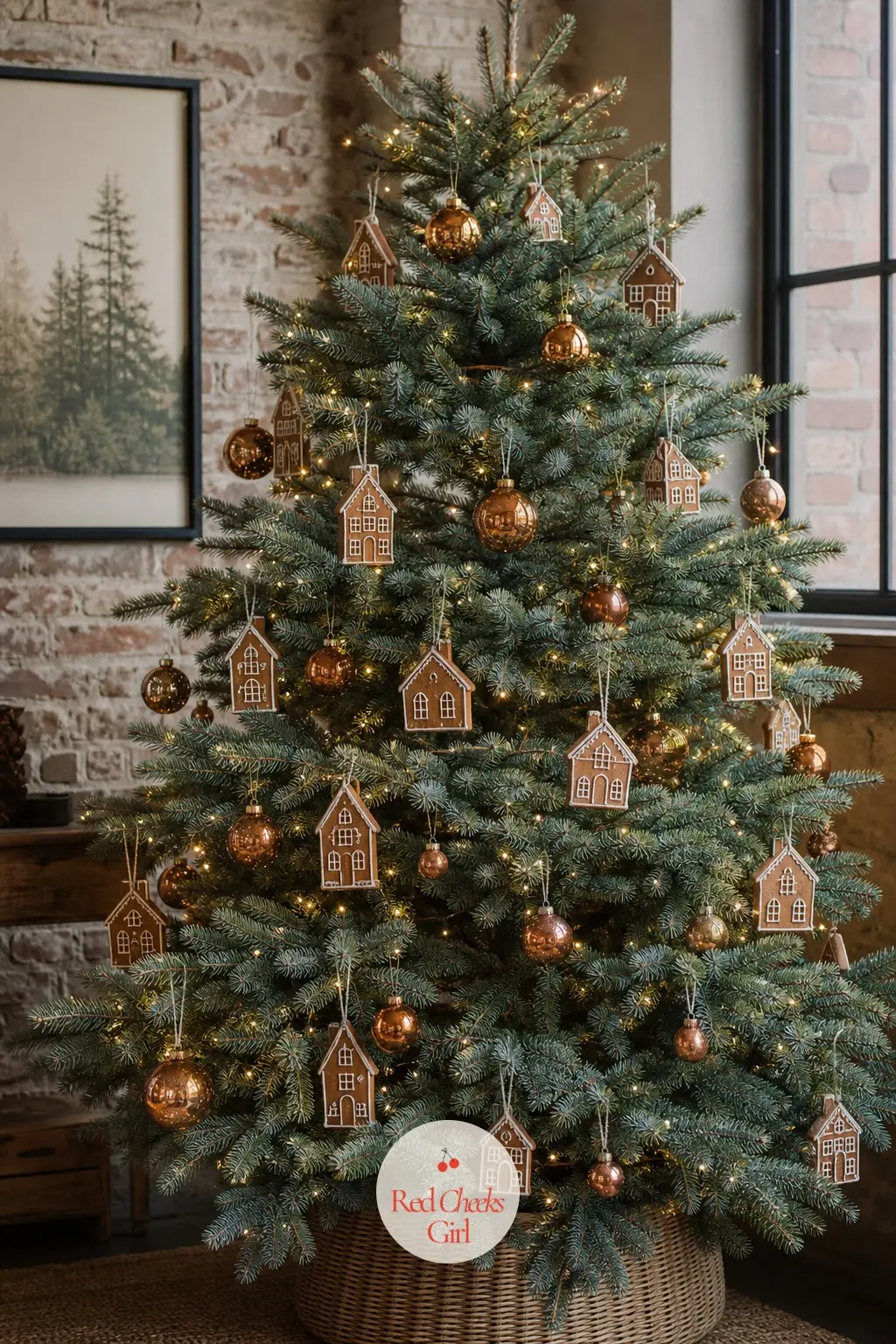 The Moody Coffee and Copper Spruce — A real blue spruce, full and dense, carrying dark glass gingerbread house silhouettes rather than the usual bright