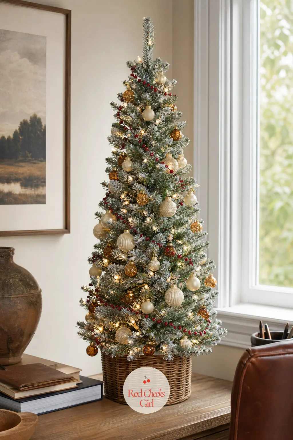 The Petite Ruby Toffee Tree for the Desk — A mini pre-lit artificial tree, tabletop scale, carrying ruby glass beads and honey-toffee mini balls close together