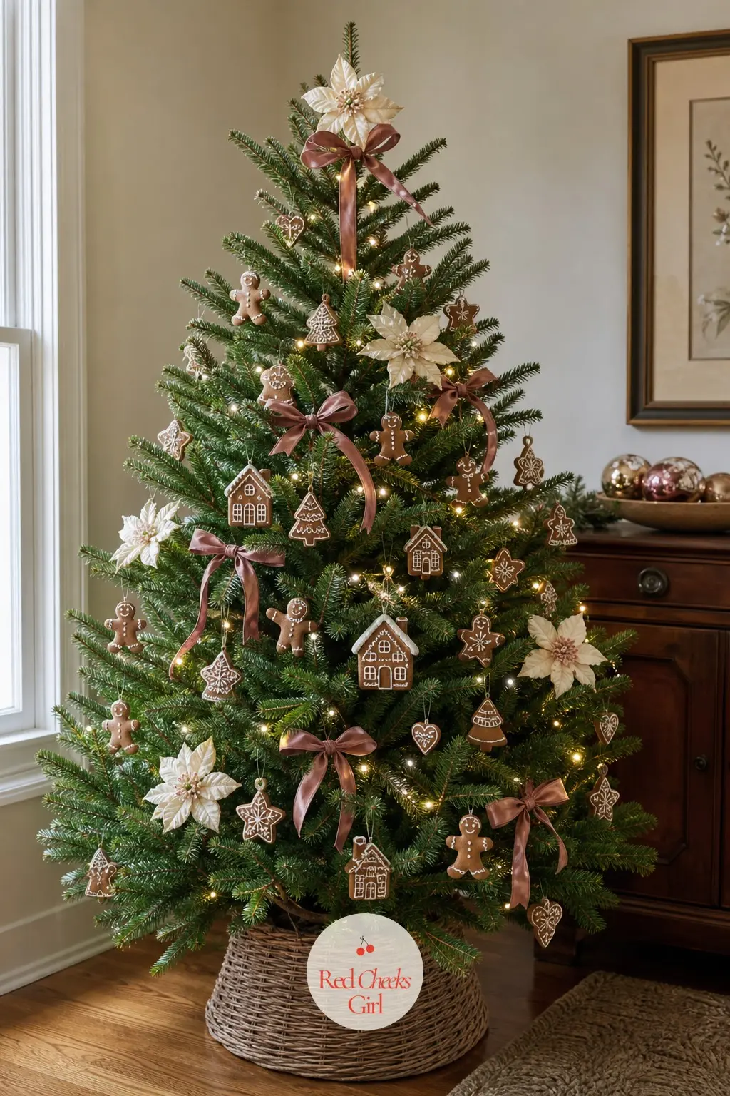 The Potted Spice Tree Still Taking Root — A real potted Norfolk Island pine, small and still growing, carrying tiny painted ceramic gingerbread cookies and