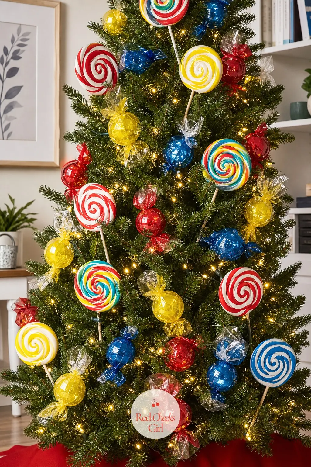The Rainbow Lollipop Showstopper — A classic green artificial tree, full and wide, carrying giant faux lollipop swirl picks and cellophane-twist candy ball