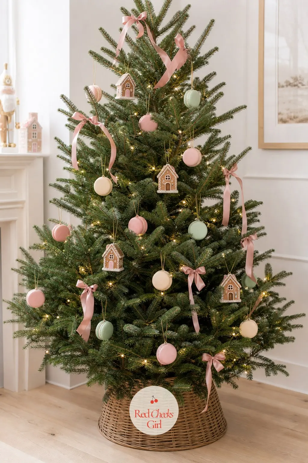 The Real Fir Gone Pastel Bakery — A real noble fir, full, dressed in pastel ceramic macarons and tiny painted gingerbread house picks instead of the usual
