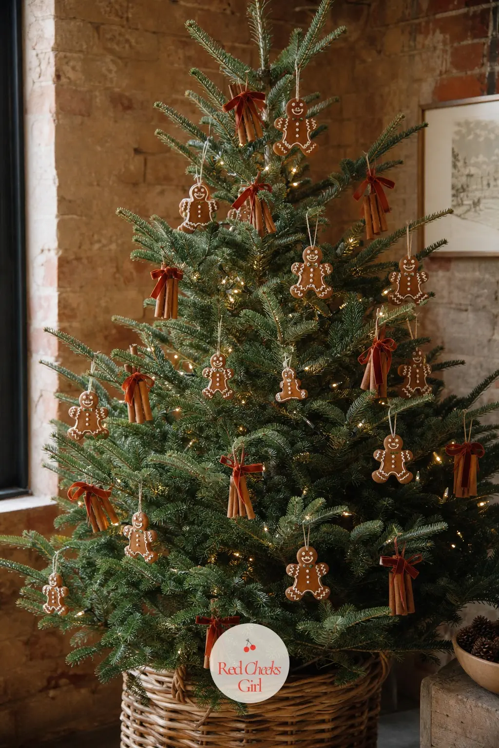 The Real Fir in a Bread Basket — A real Fraser fir, full and wide, dressed in handpainted glass gingerbread men and bundled cinnamon sticks instead of anything