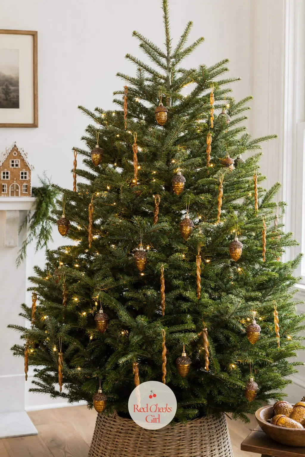 The Real Fir in Spiced Toffee — A real Fraser fir, full and wide, carrying butterscotch barley-twist candy cane picks and acorn-shaped glass ornaments instead