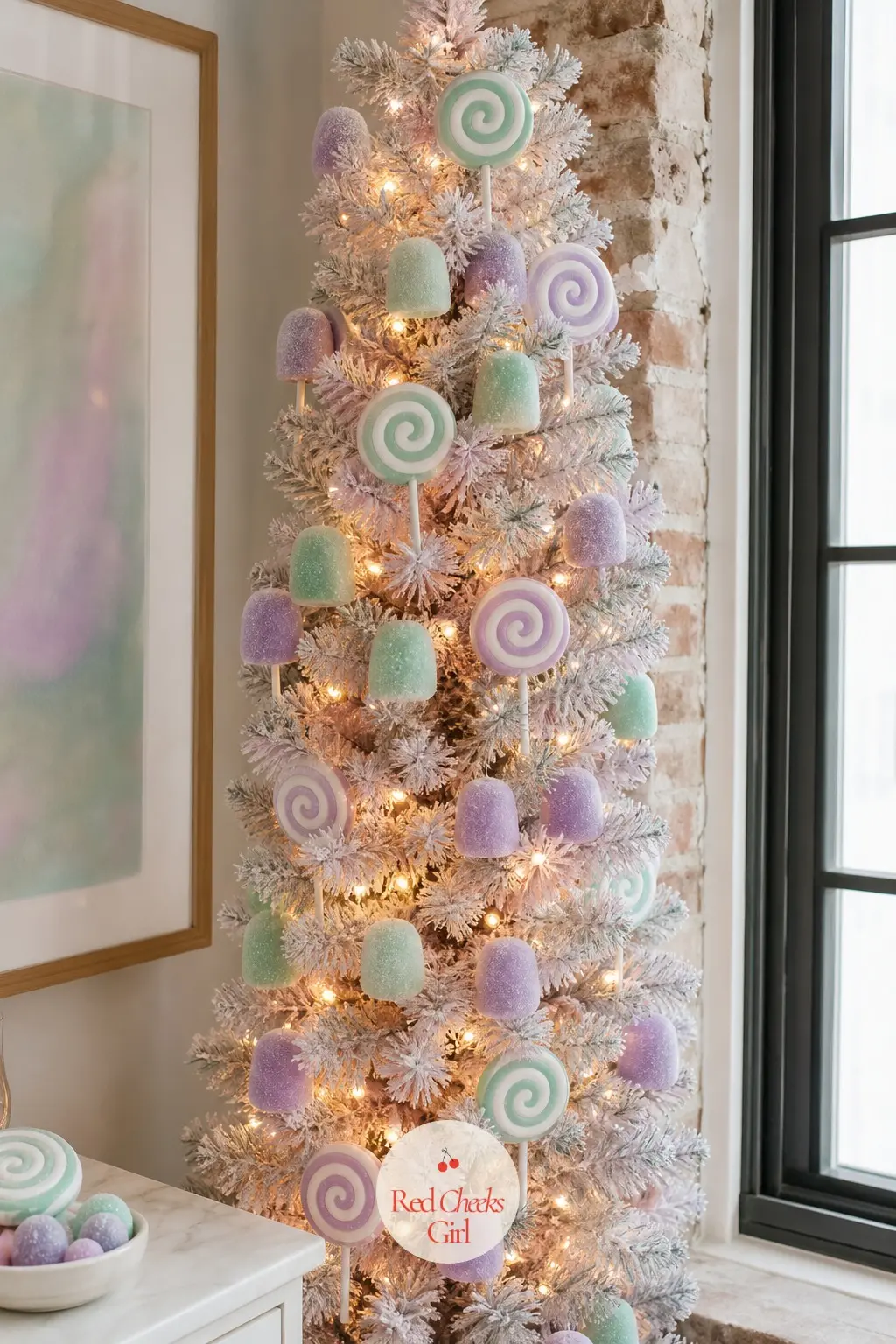 The Slim Pastel Pencil for a Narrow Corner — An artificial slim pencil tree, pre-flocked in a faint lilac wash, hung with felt gumdrops and felt swirl