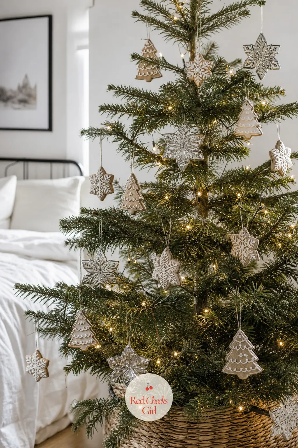 Sparse Branches, Frosted and Still — A real, deliberately thin and airy Scotch pine, left with gaps between the branches on purpose. Gingerbread christmas tree