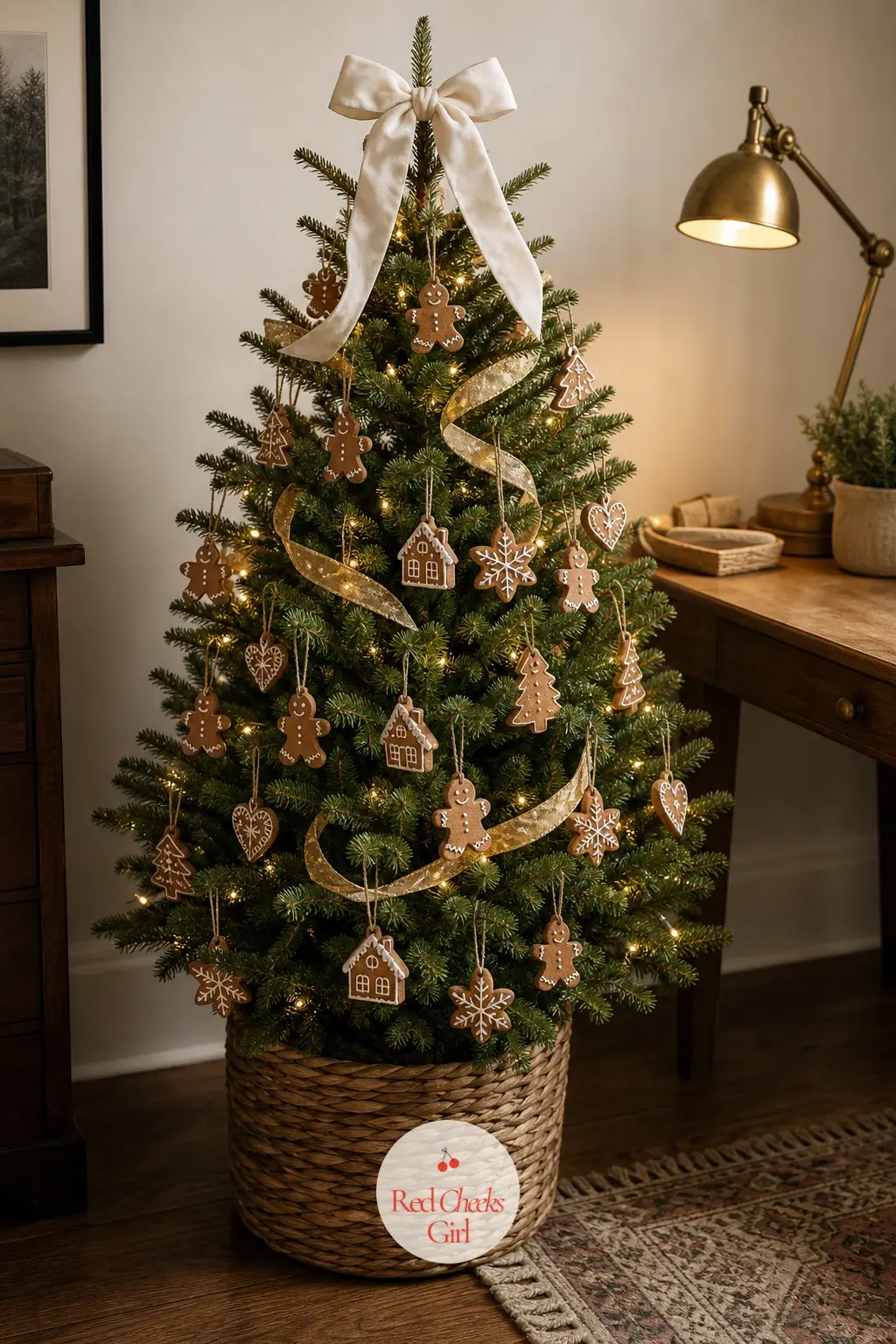 The Tabletop Gingerbread Spice Tree — A small potted rosemary tree, still growing, tucked beside a stack of papers rather than in a living room. Gingerbread