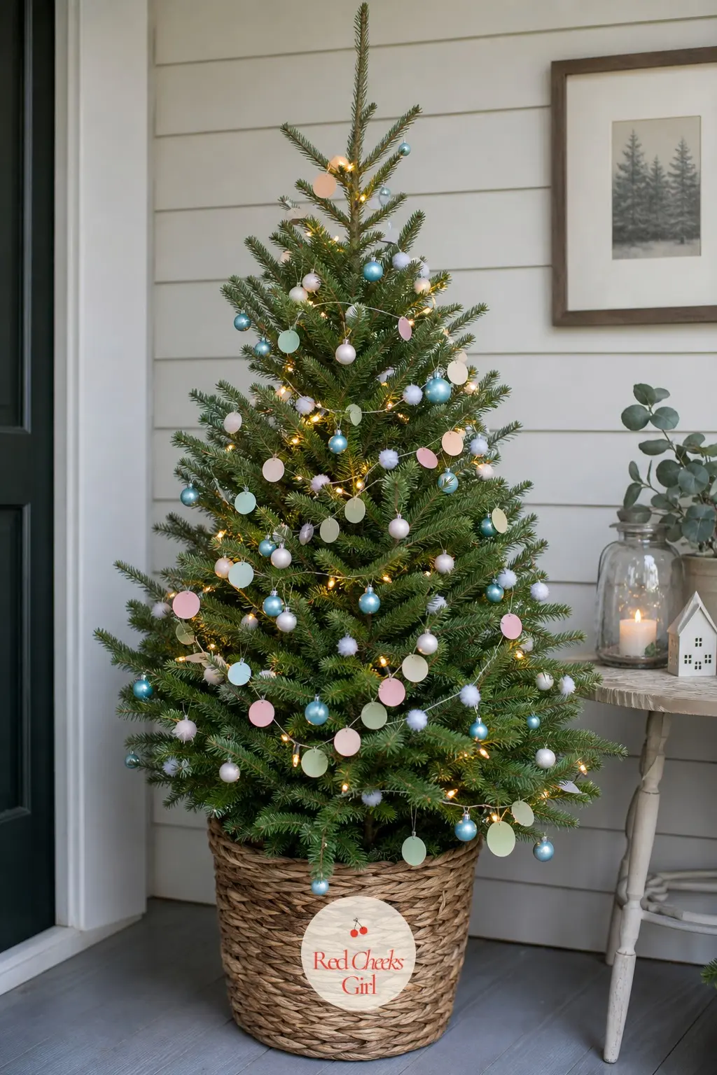 The Tiny Pastel Tree by the Door — A small, real potted cypress standing in for a full-size pastel tree, hung with tiny sugar-button paper discs and sky blue