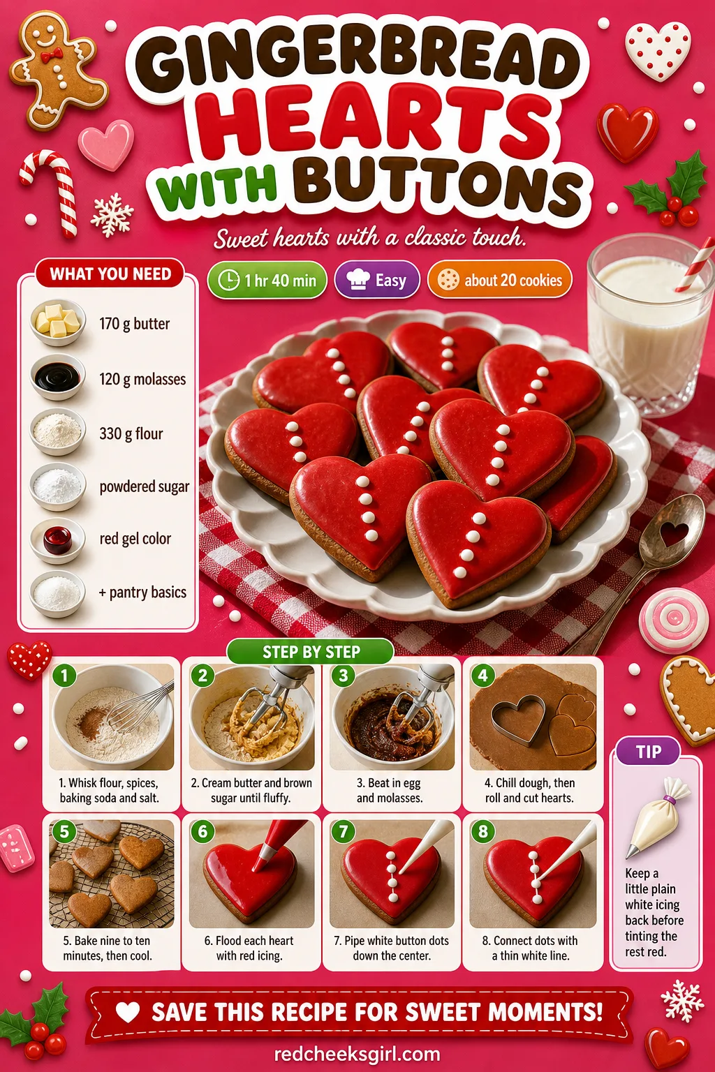 Gingerbread Hearts With Buttons Recipe Card printable sheet — Printable card for red flooded heart cookies with white piped buttons. Gingerbread cookie icing