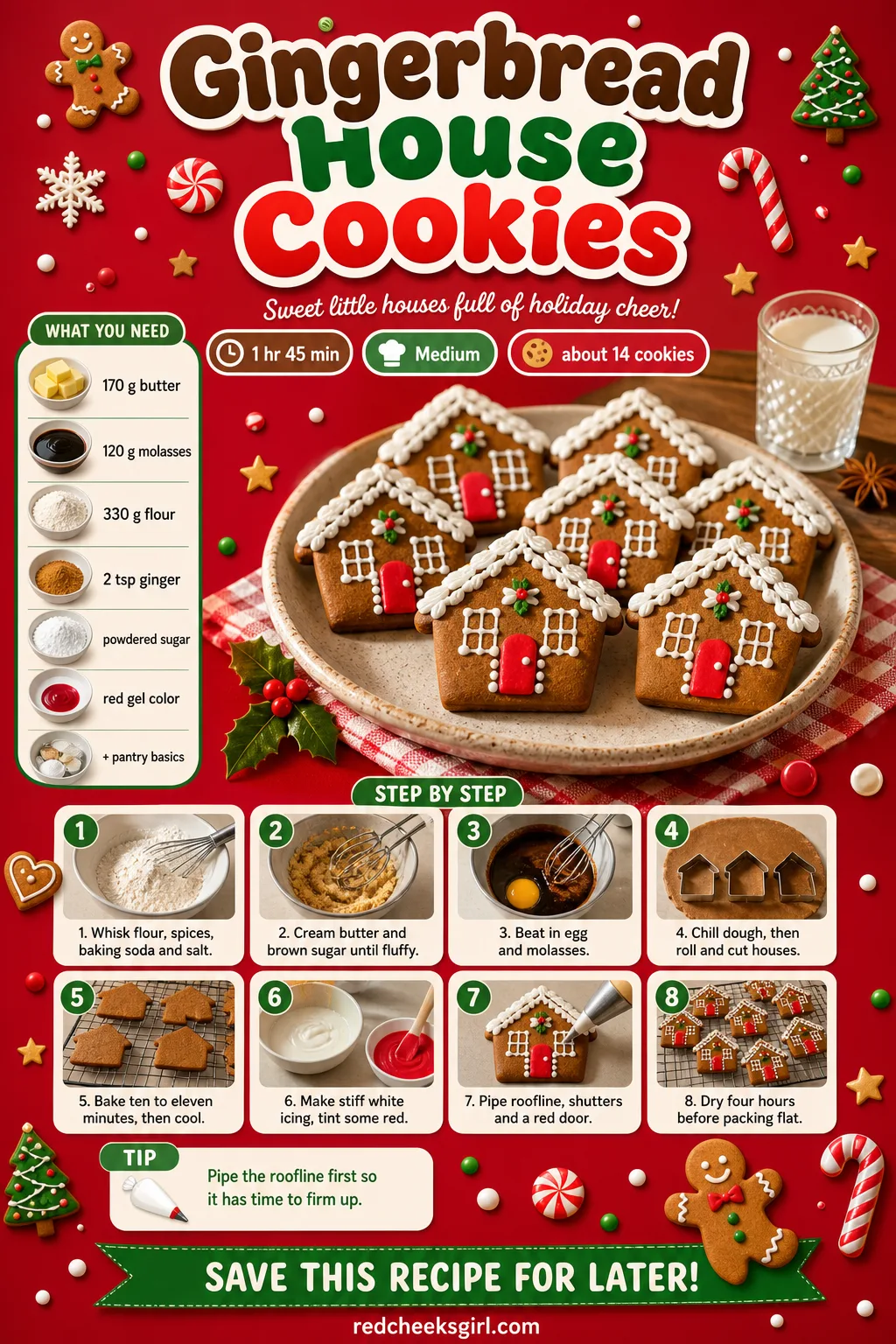 Gingerbread House Cookies Recipe Card printable sheet — Printable card for single-serve gingerbread house cookies with royal icing roofline and door.