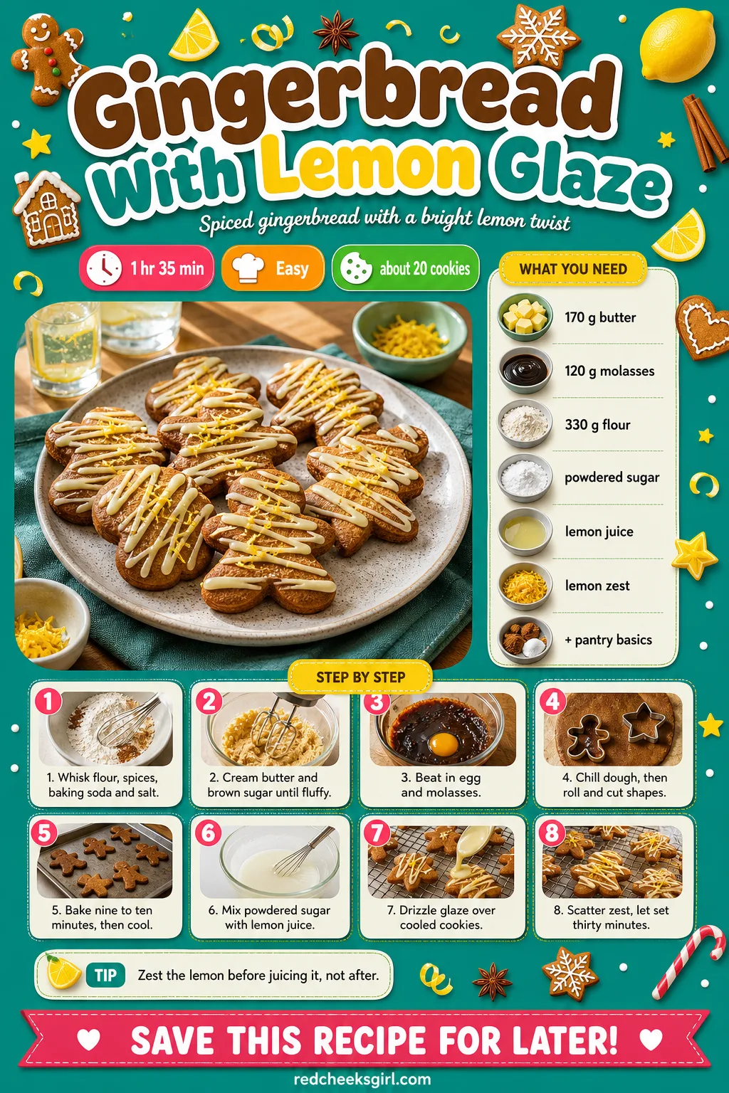 Gingerbread With Lemon Glaze Recipe Card printable sheet — Printable card for gingerbread cookies drizzled with a pale lemon glaze and zest. Gingerbread cookie