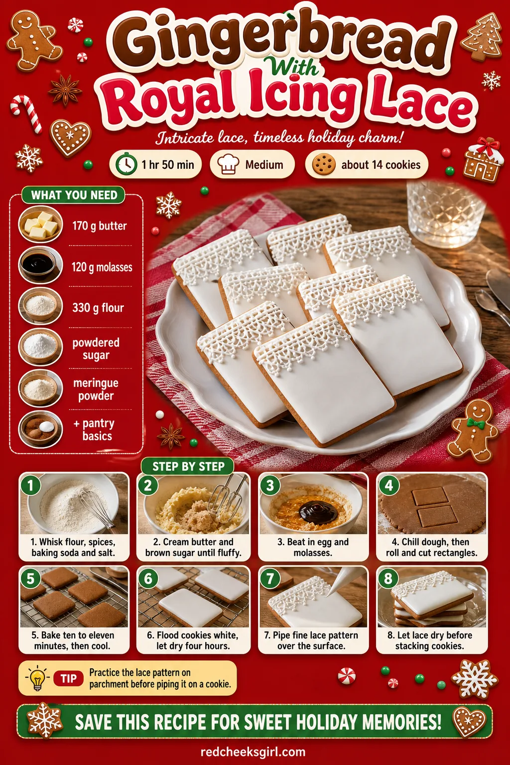 Gingerbread With Royal Icing Lace Recipe Card printable sheet — Printable card for flooded cookies finished with a fine piped lace pattern. Gingerbread cookie