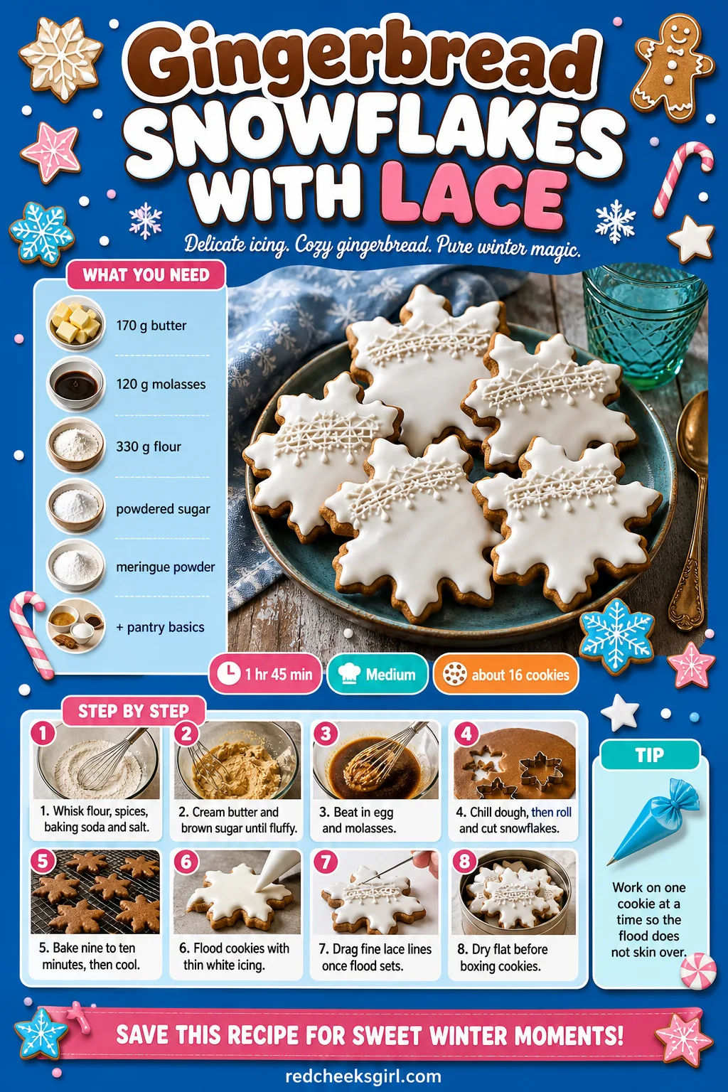 Gingerbread Snowflakes With Lace Recipe Card printable sheet — Printable card for snowflake cookies flooded white with fine piped lace detail. Gingerbread