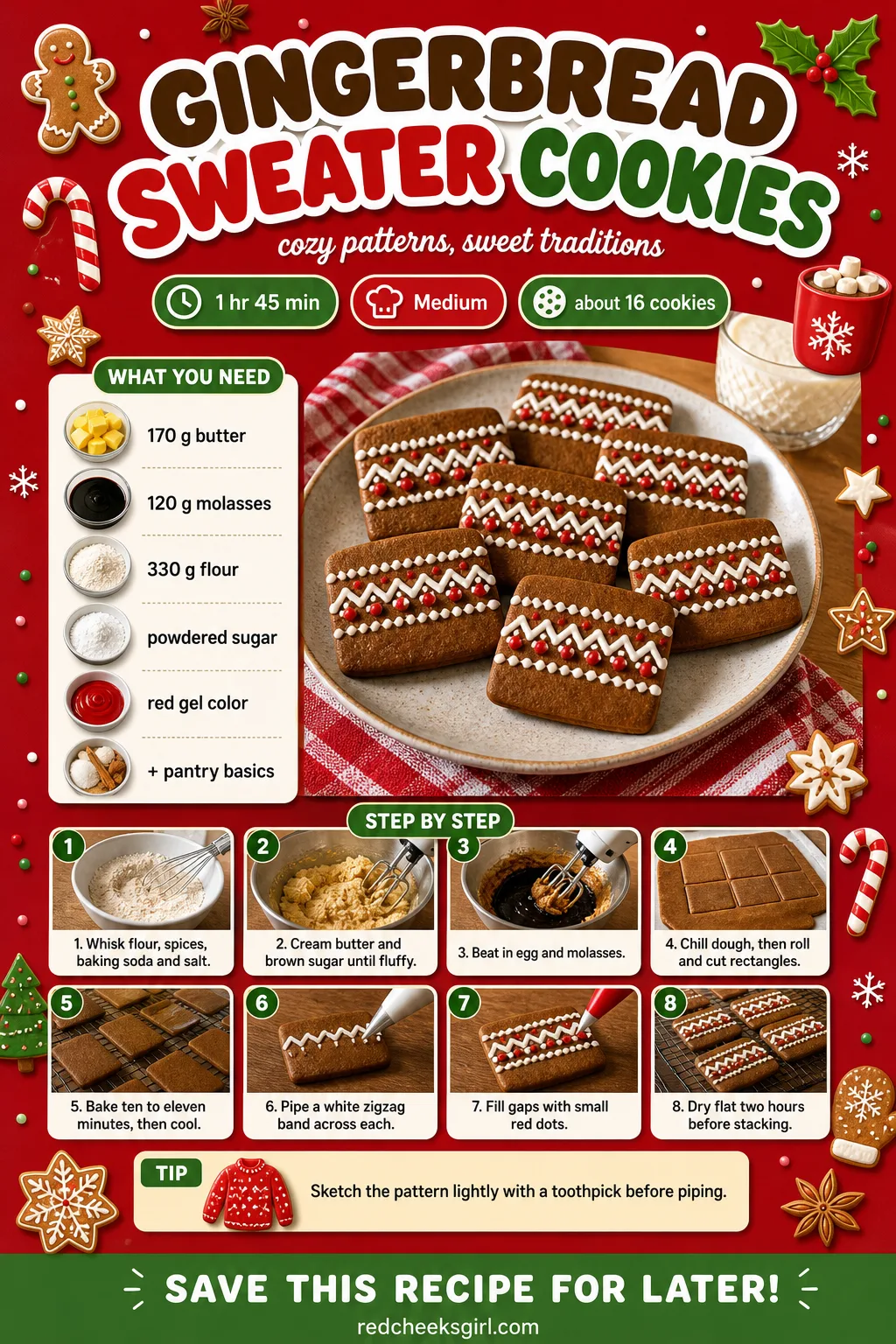Gingerbread Sweater Cookies Recipe Card printable sheet — Printable card for rectangle gingerbread cookies piped like a Fair Isle sweater. Gingerbread cookie